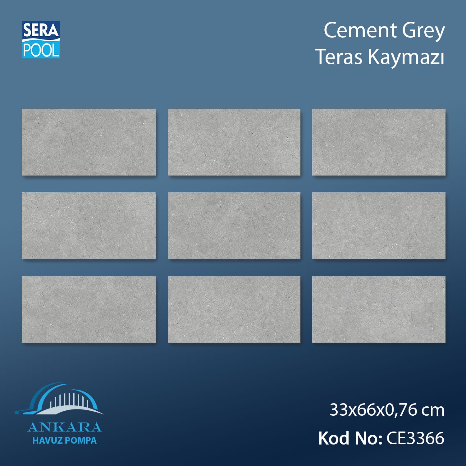 Cement Grey 33x66x0,76 cm Teras Kaymazı - m² 'si