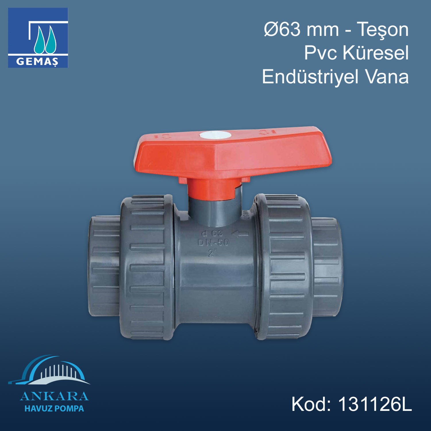 Ø63 mm - Pvc Küresel Endüstriyel Vana - Teşon