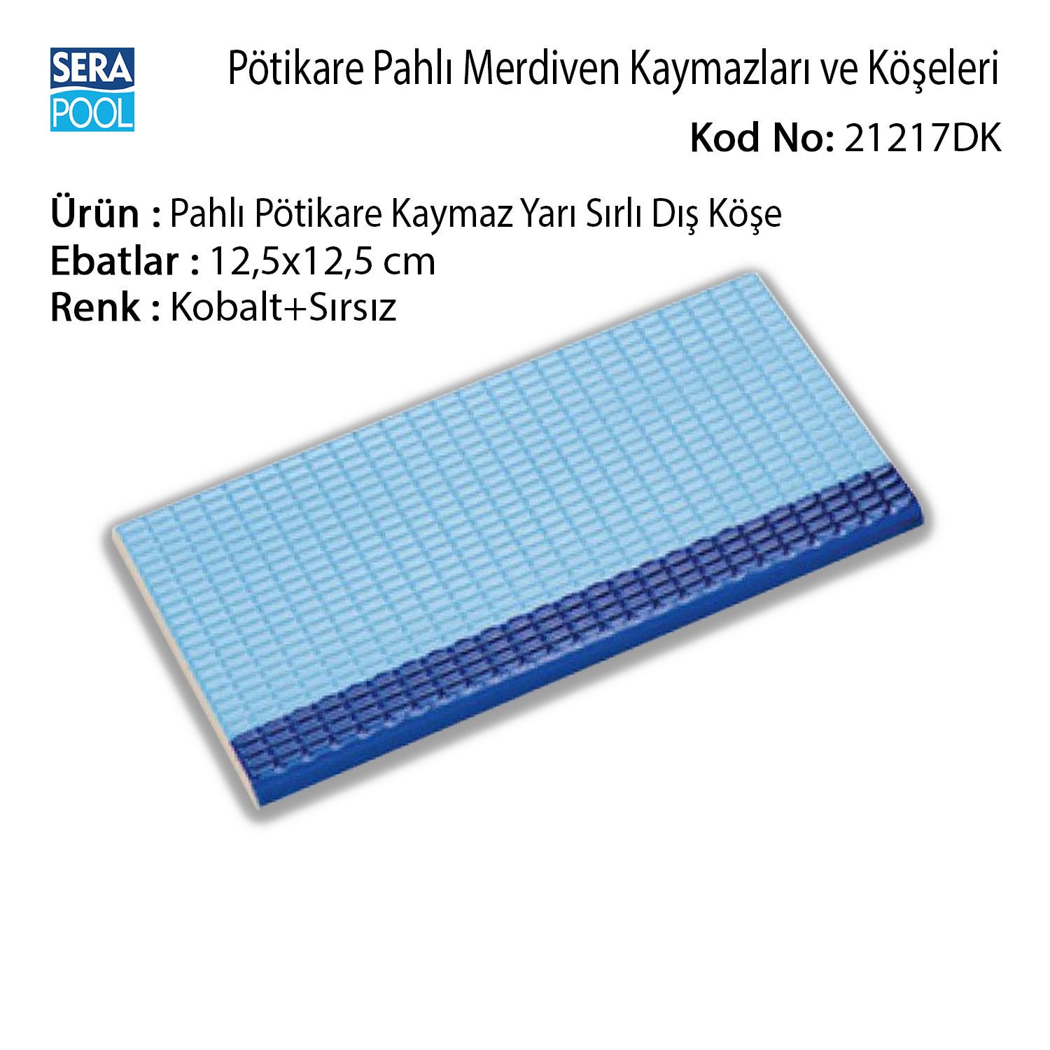 Serapool Pahlı Pötikare Kaymaz Yarı Sırlı Dış Köşe 12,5x12,5 cm Kobalt+Açık Mavi