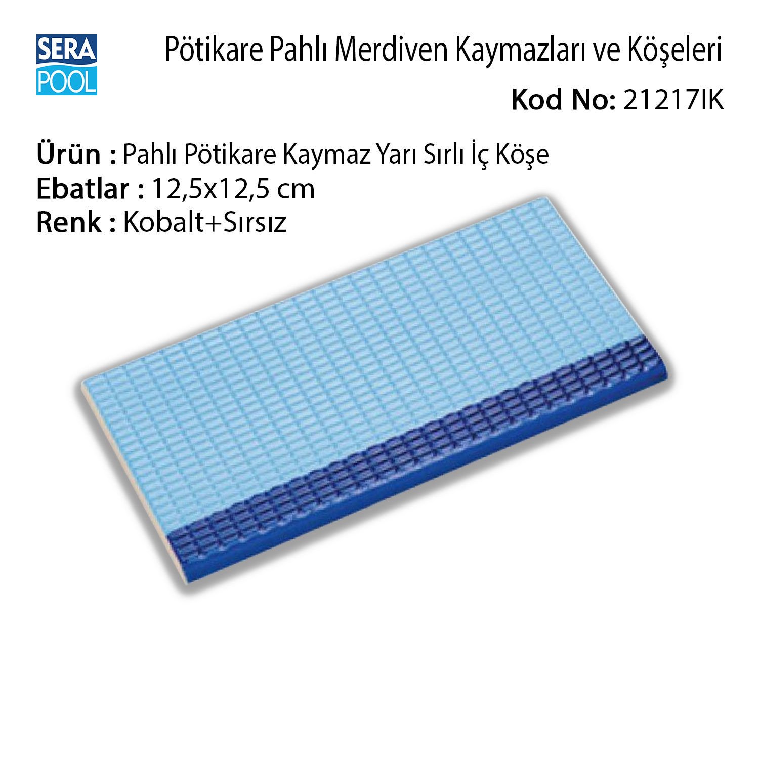 Pahlı Pötikare Kaymaz Yarı Sırlı İç Köşe 12,5x12,5 cm Kobalt+Açık Mavi