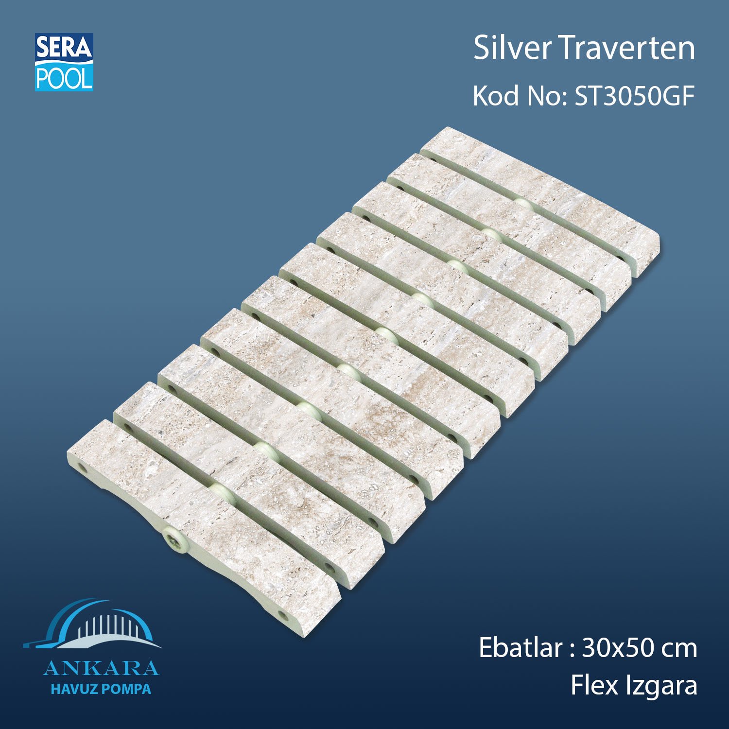 Silver Traverten 30x50 cm Flex Izgara