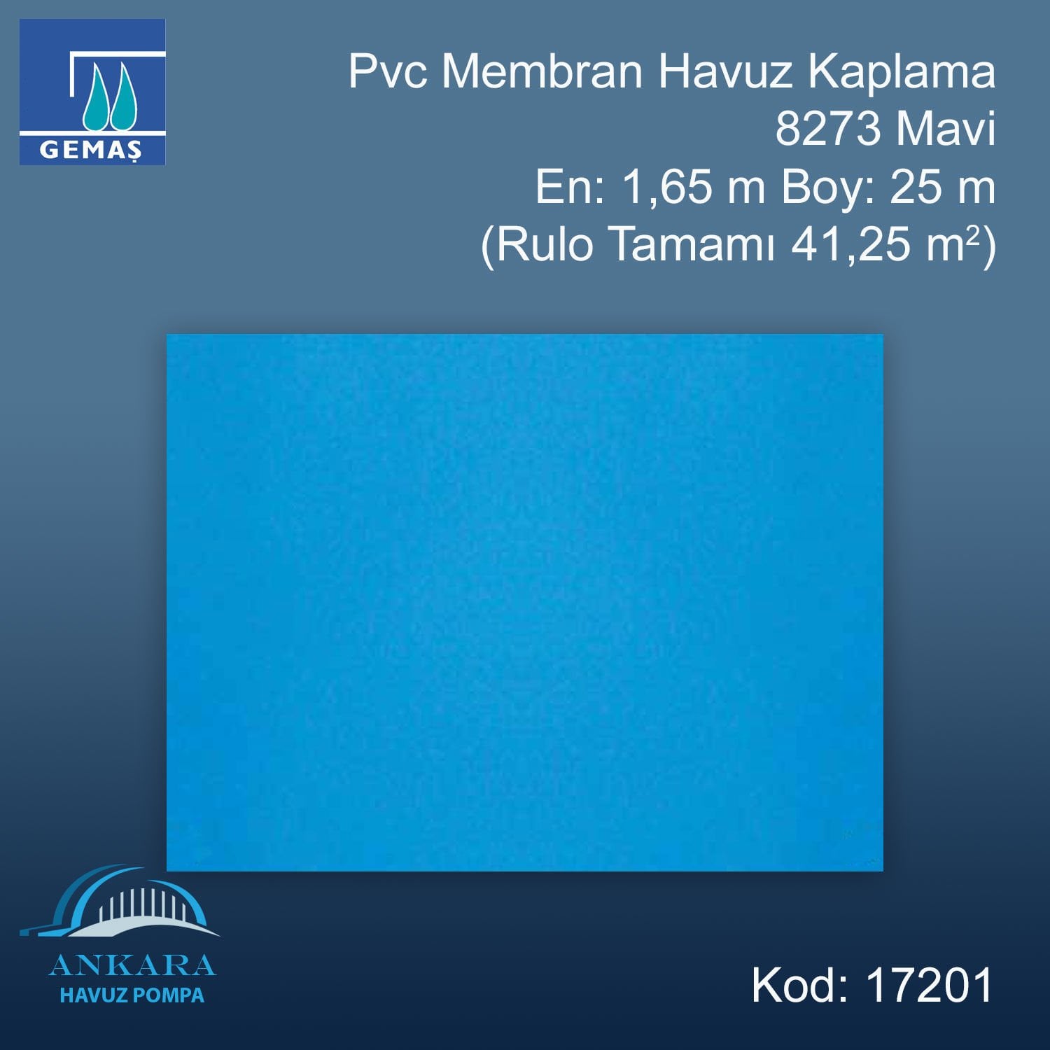 PVC Membran Havuz Kaplaması - 8273 Mavi En:1,65 m (41,25 m²)