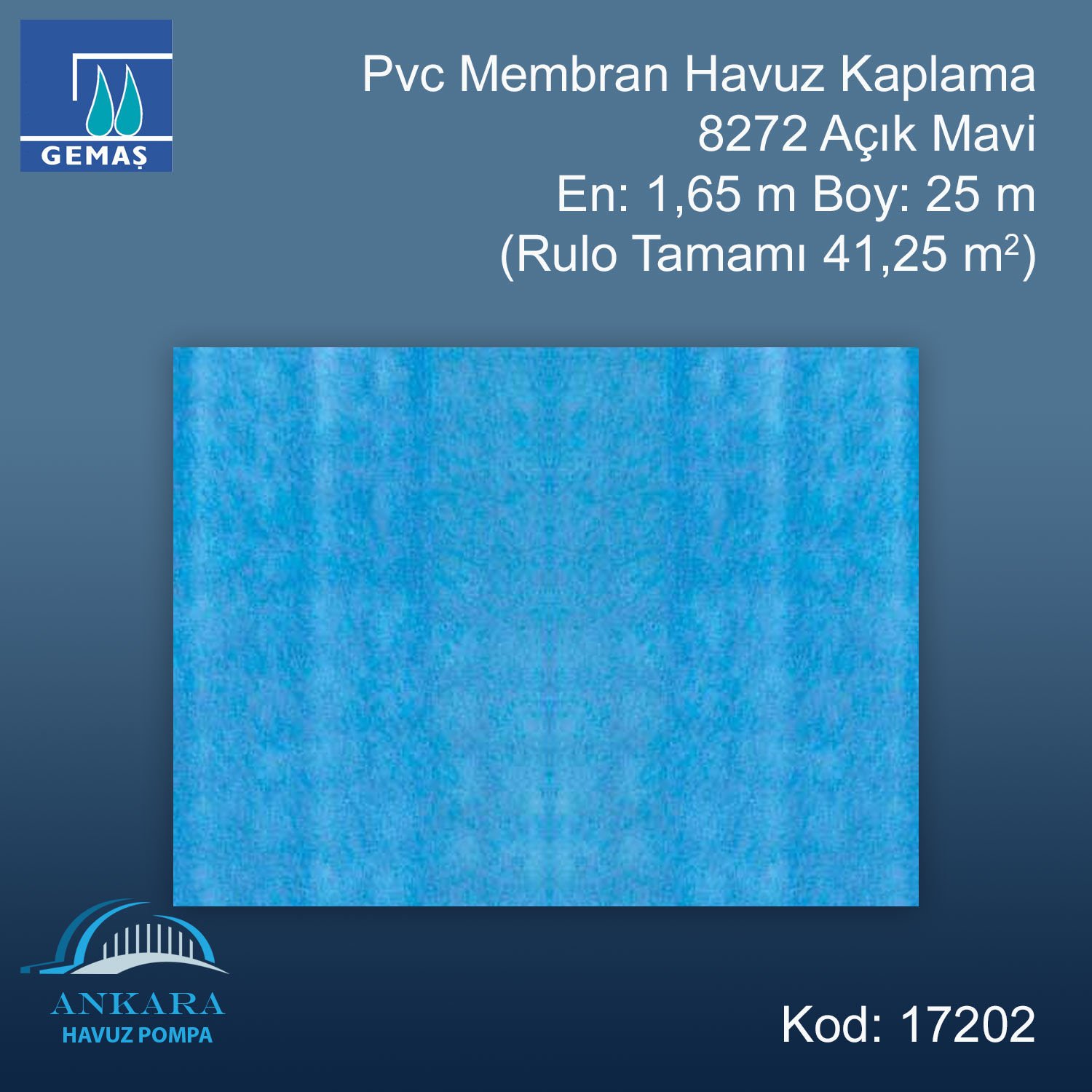 PVC Membran Havuz Kaplaması - 8272 Açık Mavi En:1,65 m (41,25 m²)