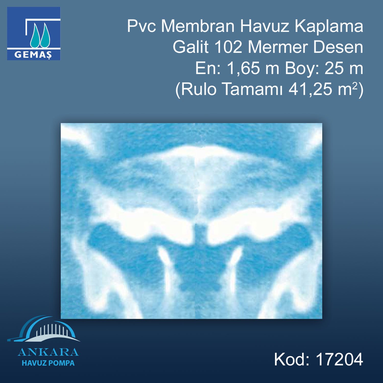 PVC Membran Havuz Kaplaması - Galit 102 Mermer Desen En:1,65 m (41,25 m²)