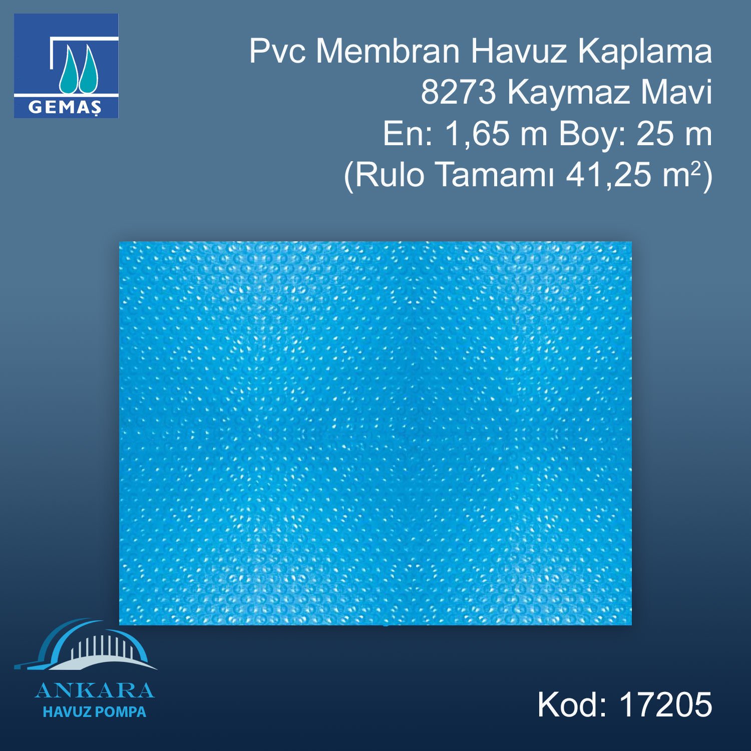PVC Membran Havuz Kaplaması - 8273 Kaymaz Mavi En:1,65 m (41,25 m²)