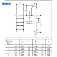 U 316 Model - Muro 2 Basamaklı Havuz Merdiveni Paslanmaz Çelik 316 Kalite