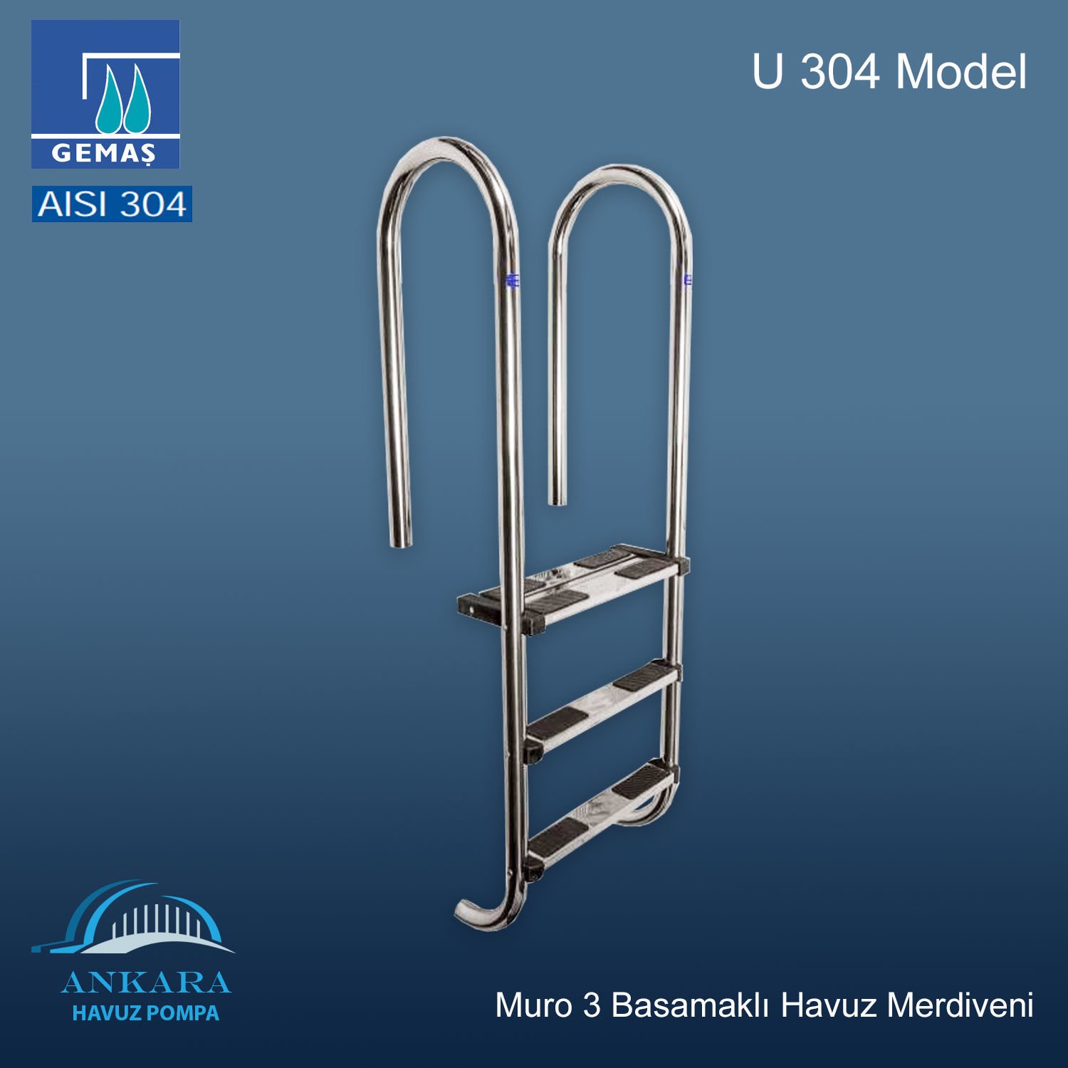Umumi Havuzlar İçin U 304 Model - Muro 3 Basamaklı Havuz Merdiveni Paslanmaz Çelik 304 Kalite