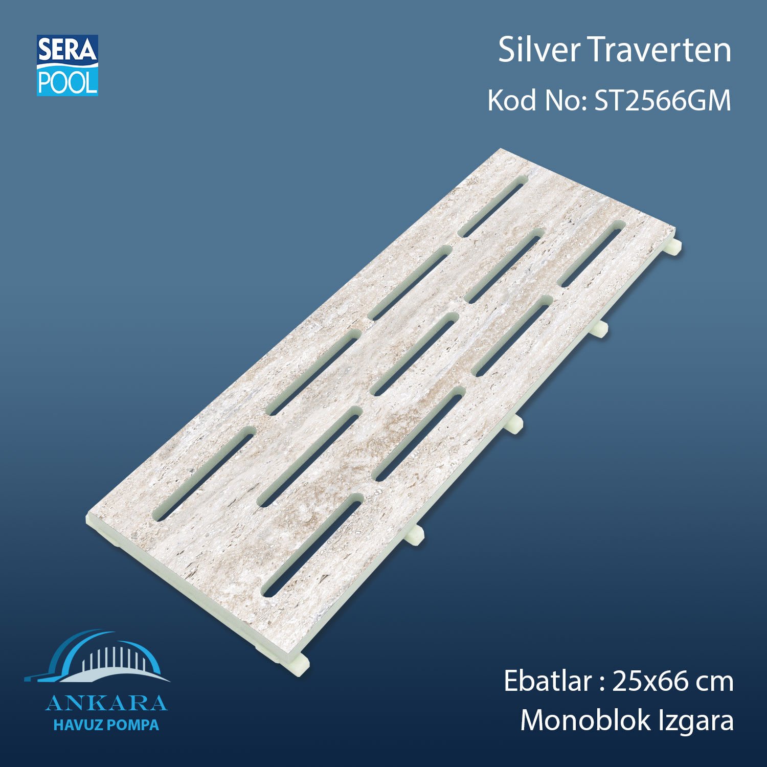Silver Traverten 25x66 cm Monoblok Izgara