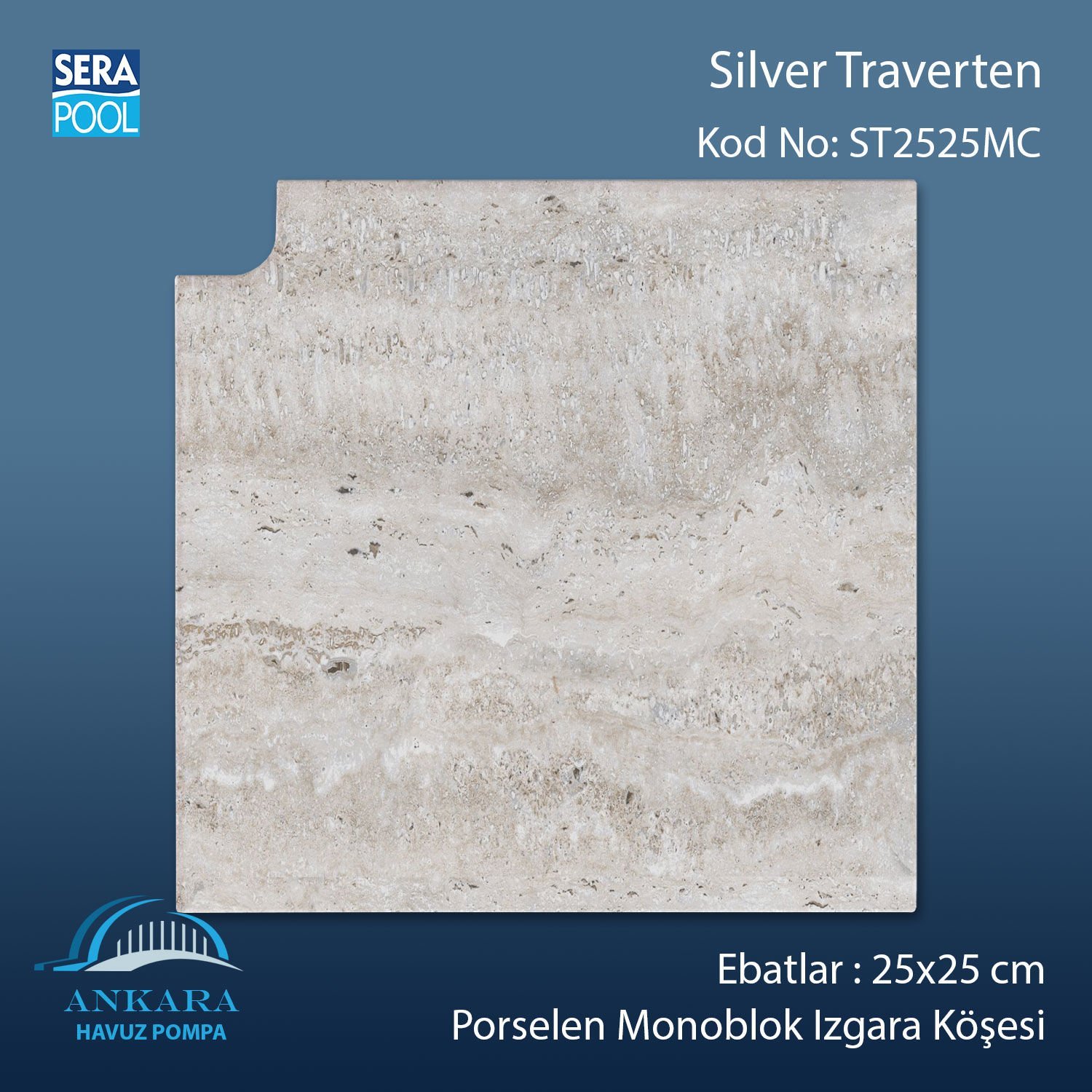 Silver Traverten 25x25 cm Monoblok Izgara Köşesi