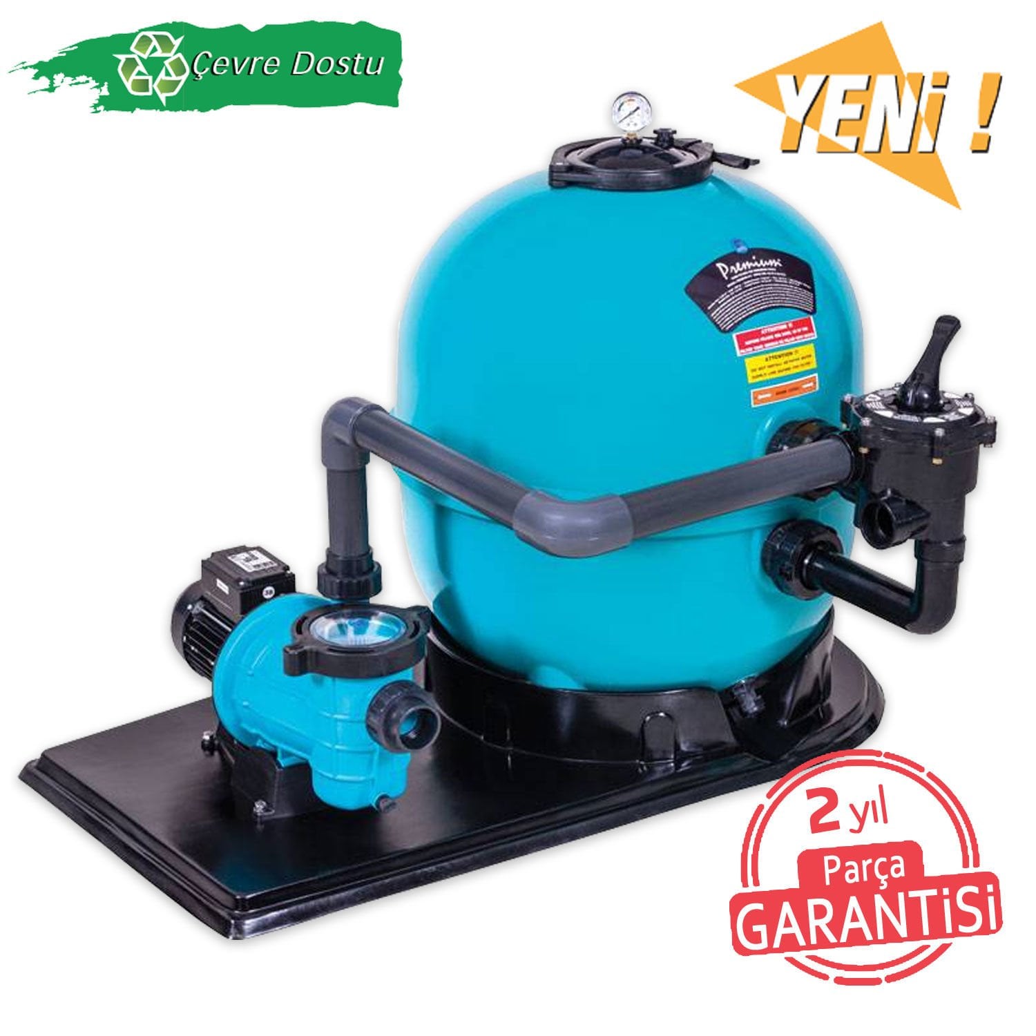 Premium Filtrasyon Ünitesi Yandan - Ø 500 mm Plastik Kum Filtresiyle, Pompa 0,75 HP, Mono - Micro