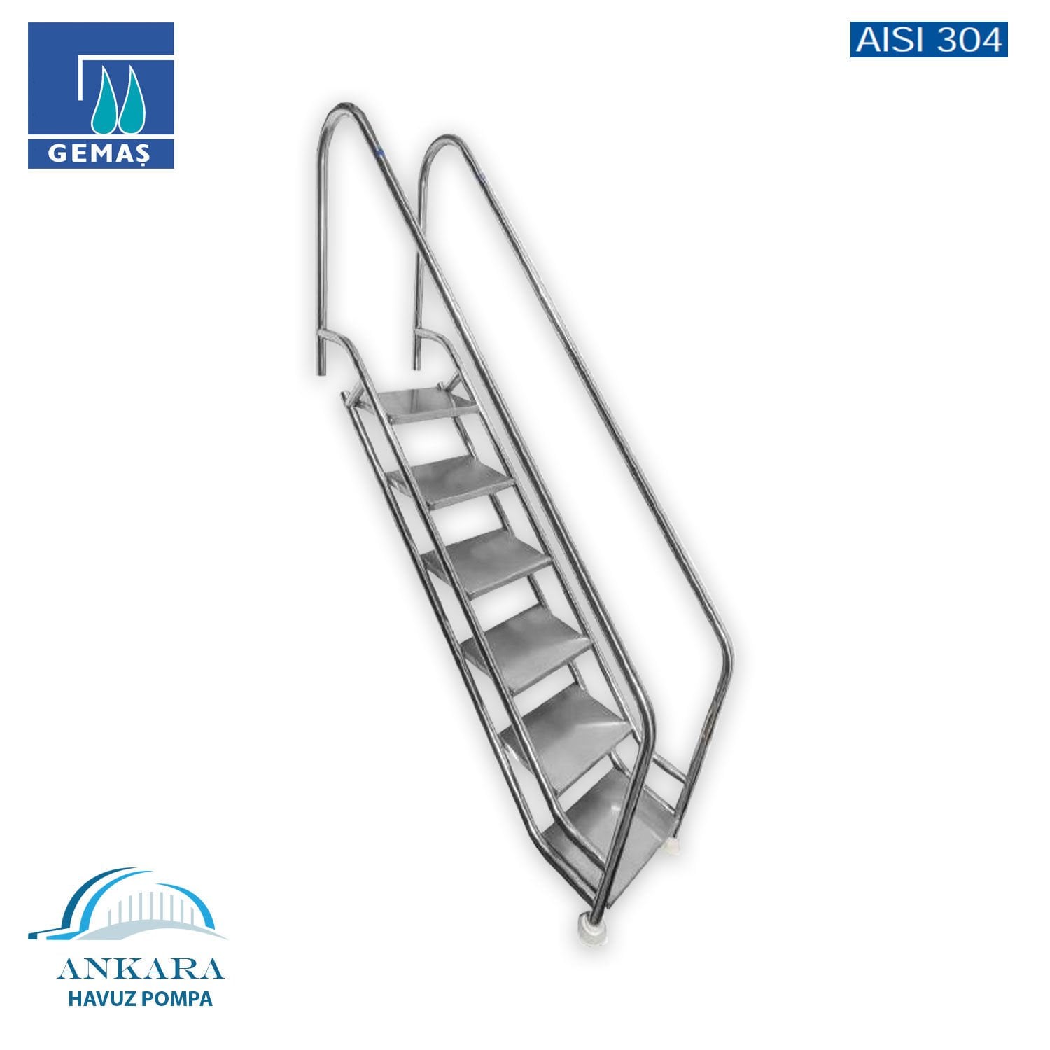Eğimli İniş Merdiveni 500 mm. Genişlikte 7 Basamaklı - Paslanmaz Çelik 304 Kalite