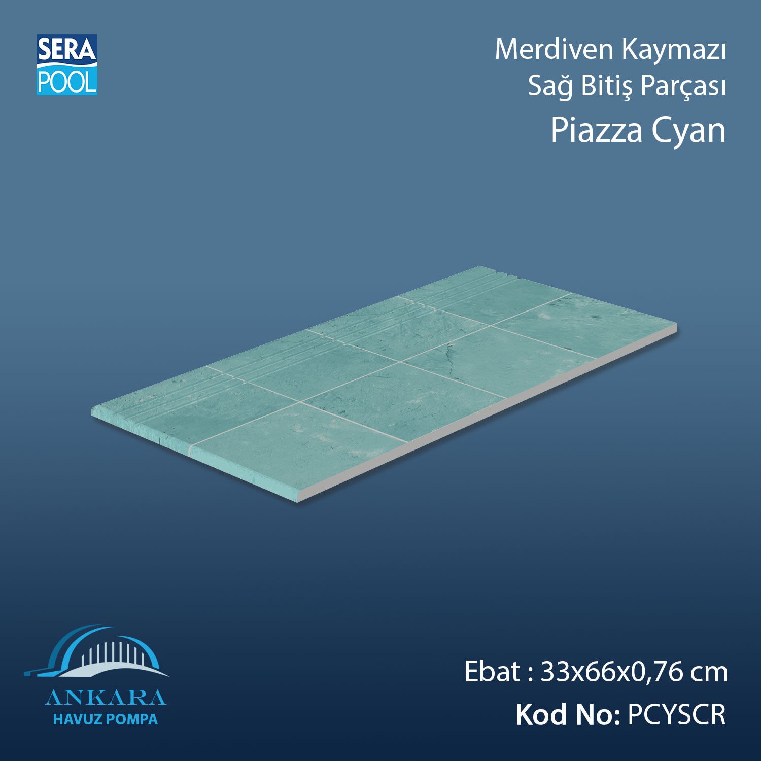 Piazza Cyan 33x66x0,76 cm Merdiven Kaymazı Sağ Bitiş