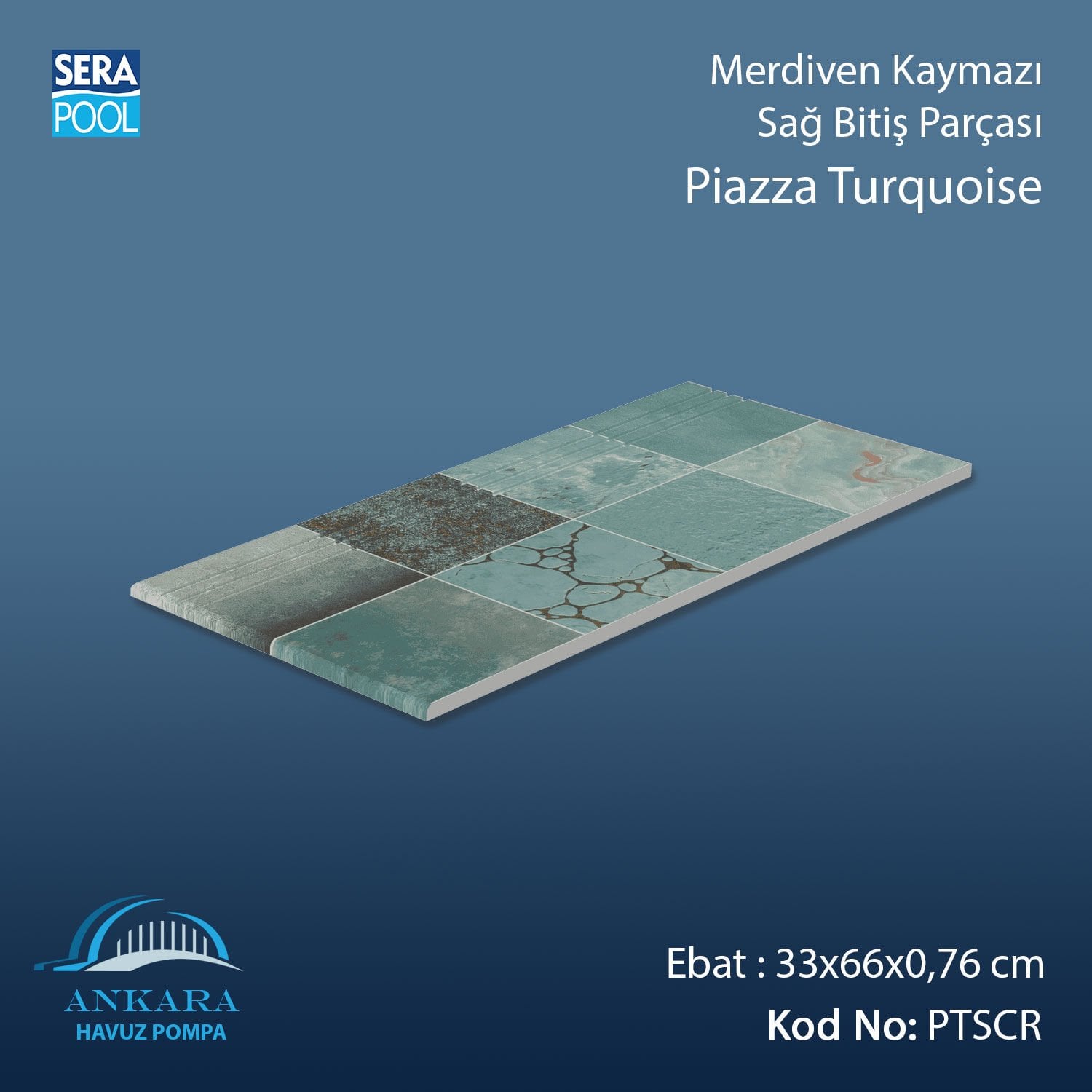 Piazza Turquoise 33x66x0,76 cm Merdiven Kaymazı Sağ Bitiş