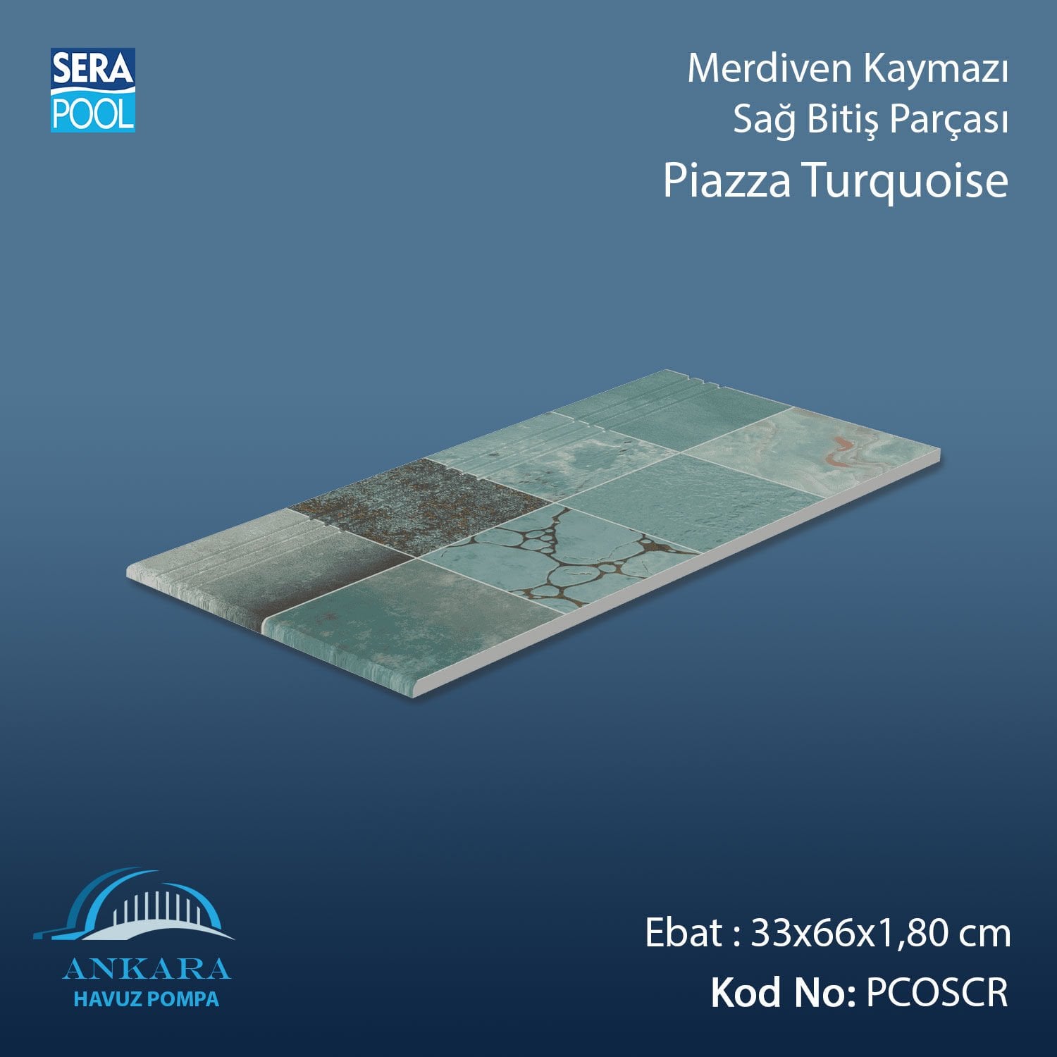 Piazza Turquoise 33x66x1,80 cm Merdiven Kaymazı Sağ Bitiş