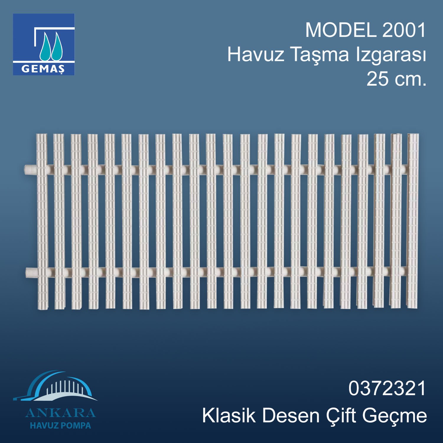 MODEL 2001  Havuz Taşma Izgarası 25 cm. Klasik Desen Çift Geçme