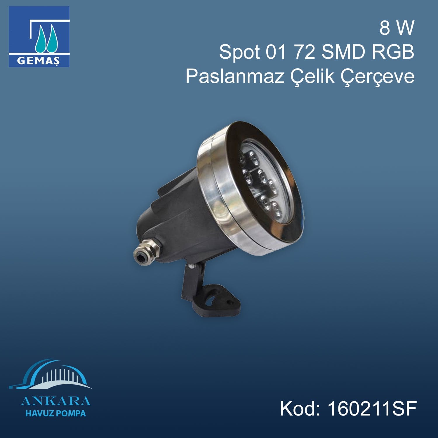 8 W - Spot 01 72 SMD RGB M.Ent. Paslanmaz Çelik Çerçeve