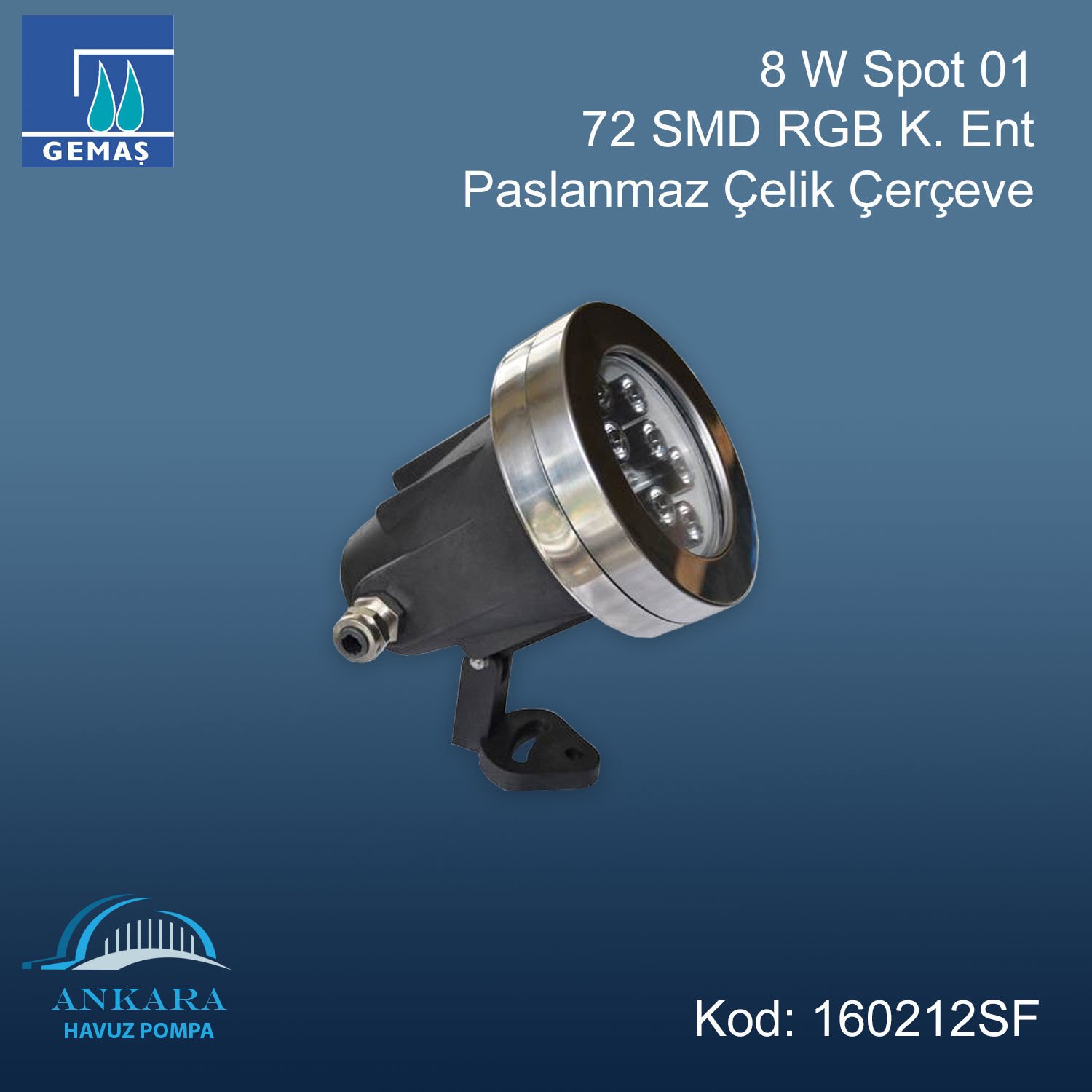 8 W Spot 01 72 SMD RGB K. Ent. Paslanmaz Çelik Çerçeveli