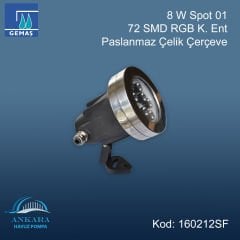 8 W Spot 01 72 SMD RGB K. Ent. Paslanmaz Çelik Çerçeveli
