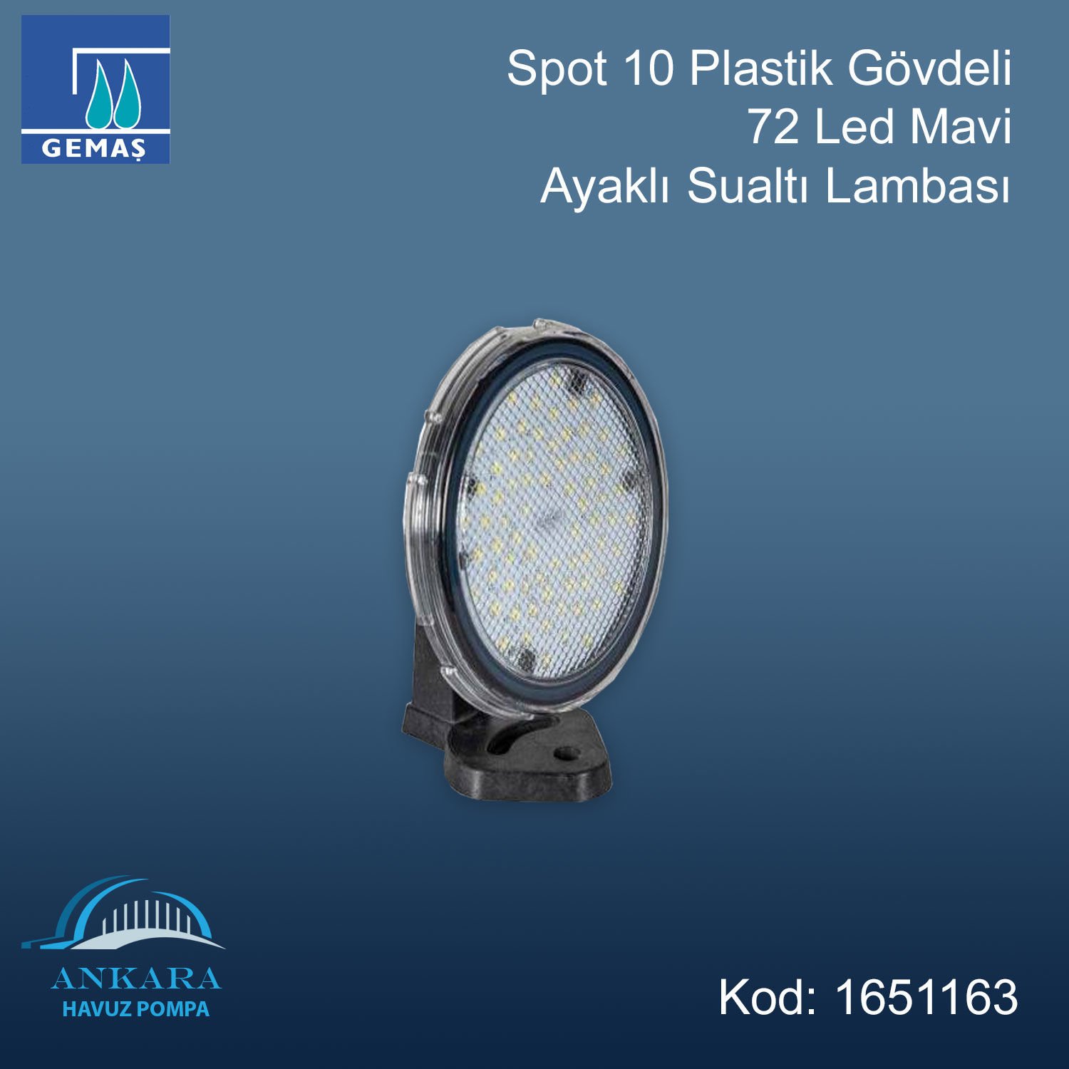 Spot 10 Plastik Gövdeli 72 Led Mavi Ayaklı Sualtı Lambası