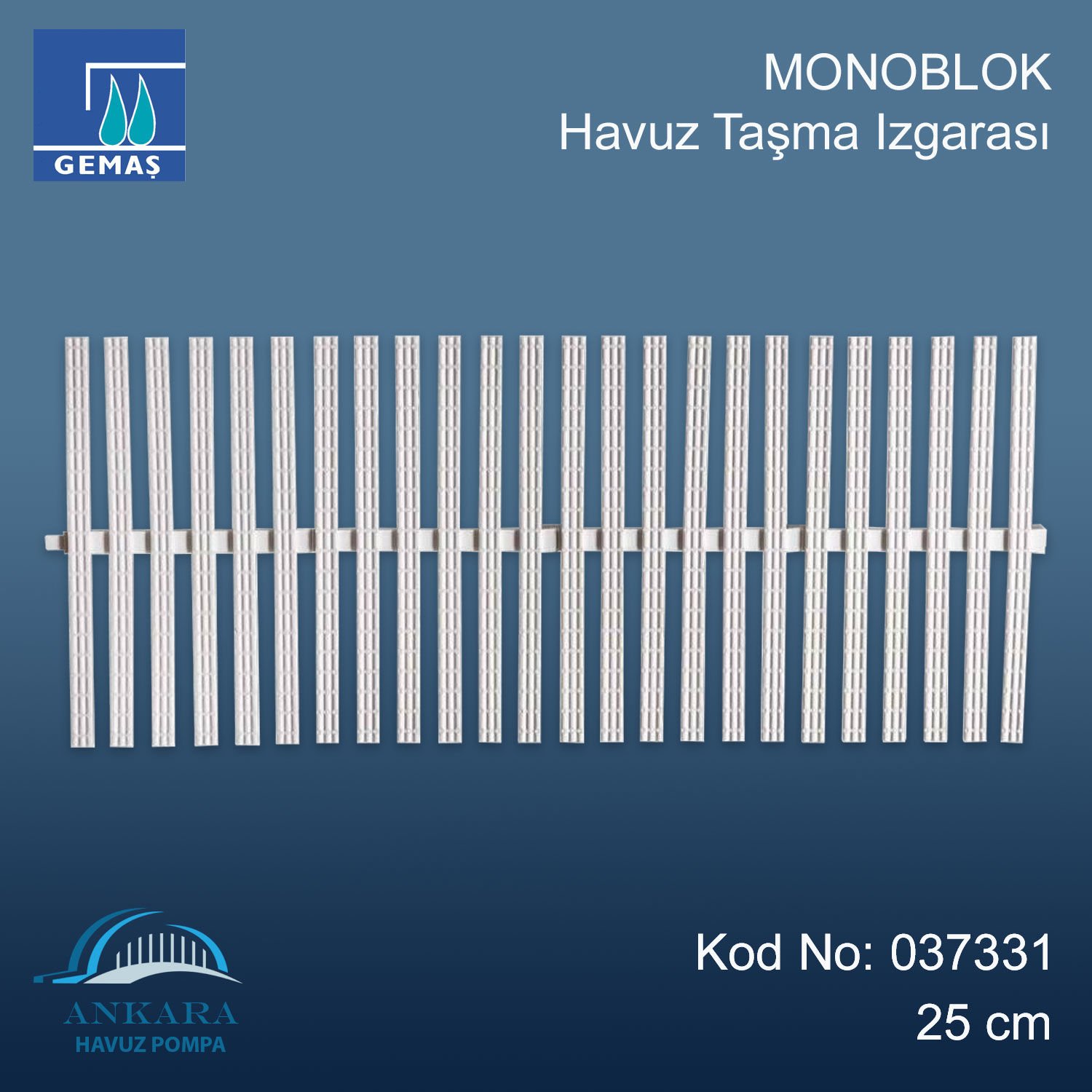 Gemaş Şeffaf Kare Tek Geçme Havuz Taşma Izgarası 25 cm.