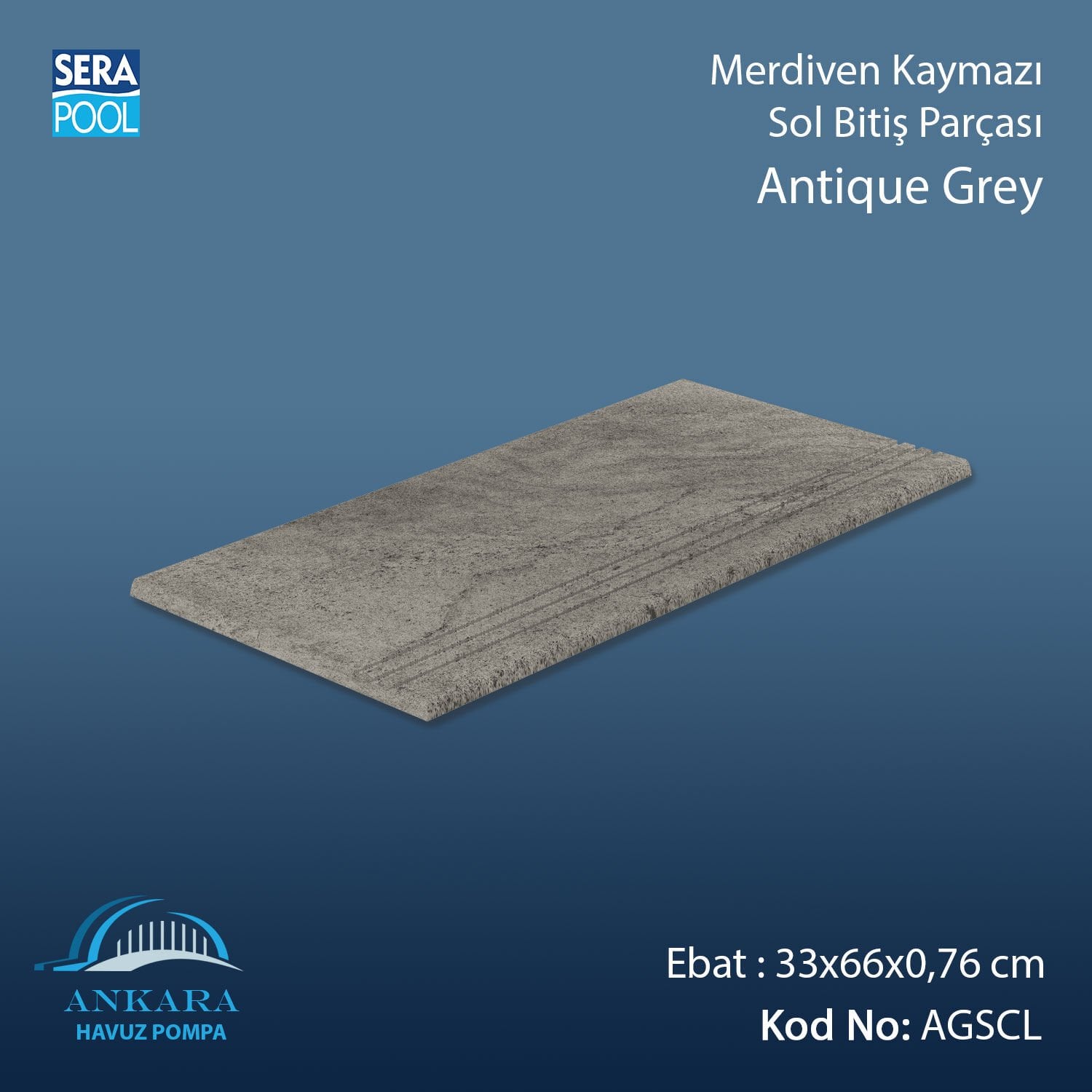 Antique Grey 33x66x0,76 cm Merdiven Kaymazı Sol Bitiş