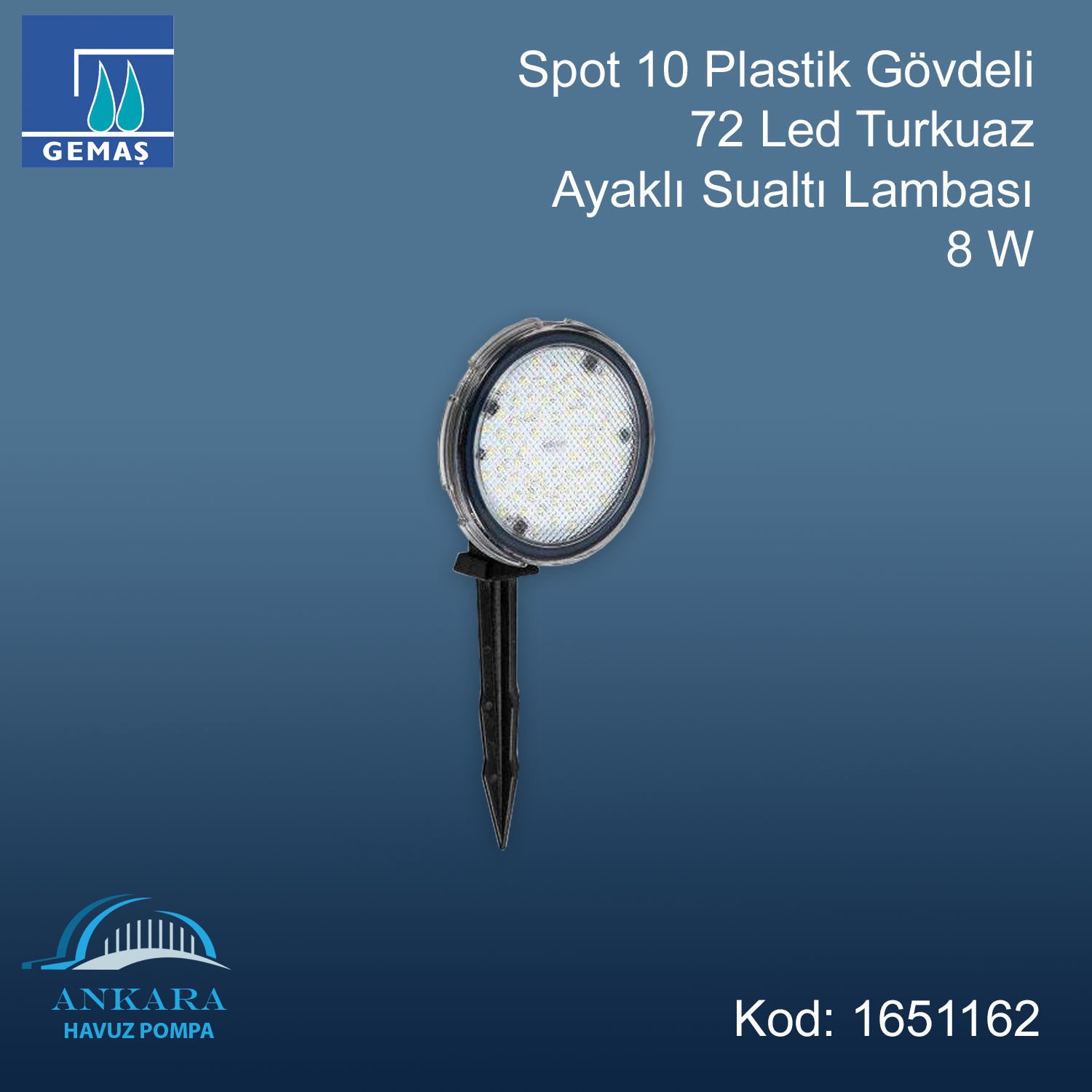 Spot 10 Plastik Gövdeli 72 Led Turkuaz Ayaklı Sualtı Lambası