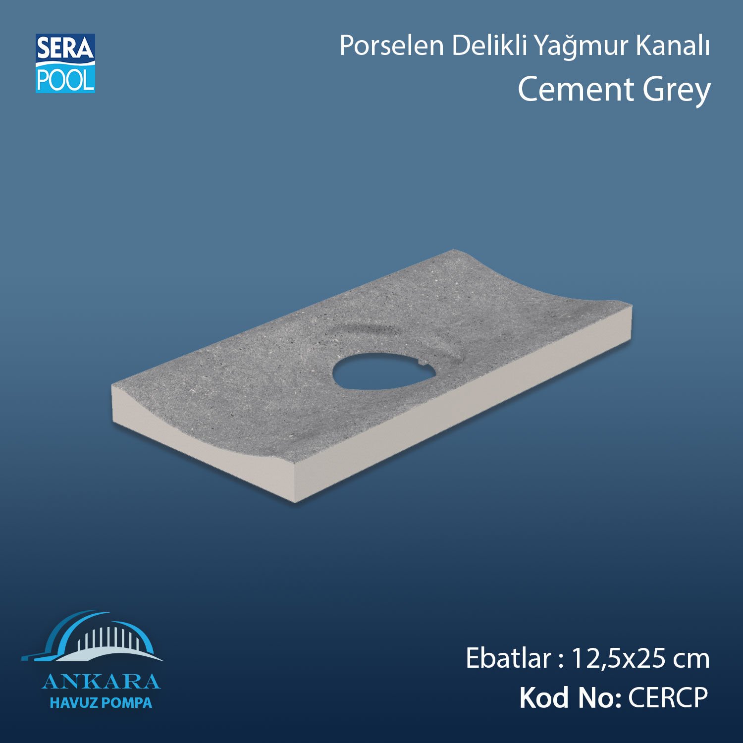 Serapool Cement Grey 12,5x25 cm Delikli Yağmur Kanalı