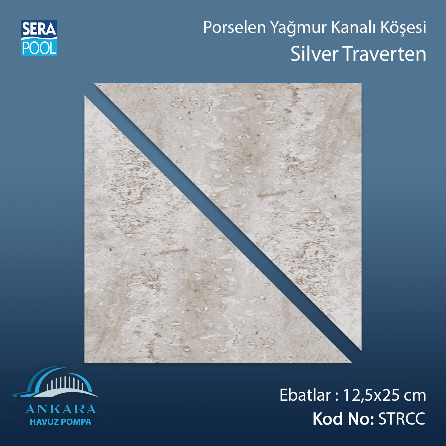 Serapool Silver Traverten 12,5x12,5 cm Yağmur Kanalı