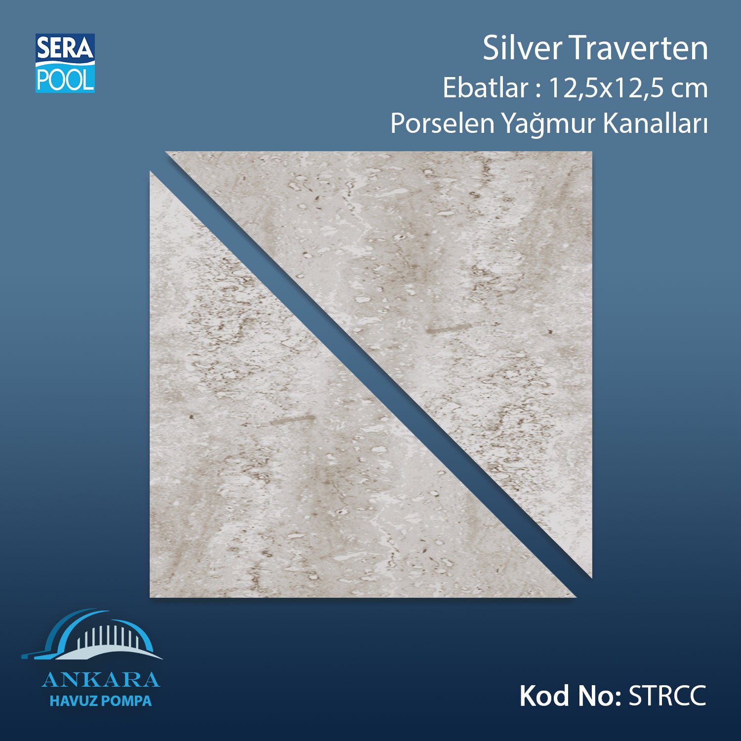 Serapool Silver Traverten 12,5x12,5 cm Yağmur Kanalı