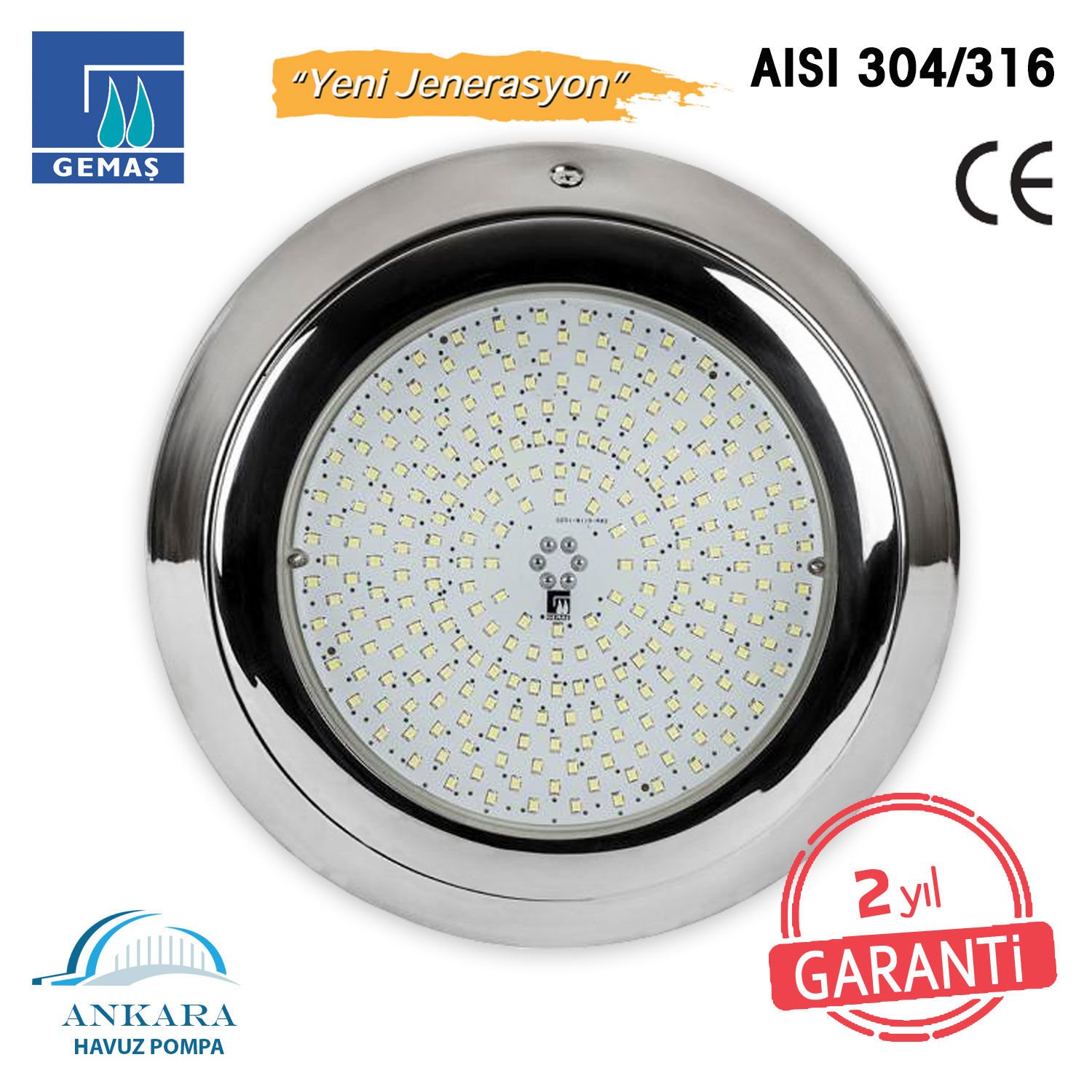 SlimLED-INOX” Havuz Sualtı Aydınlatma Lambası. Kovansız - Reçine Dolgulu, Tek Renkli - 252 LED RGB - 36 W Kendinden Entegreli