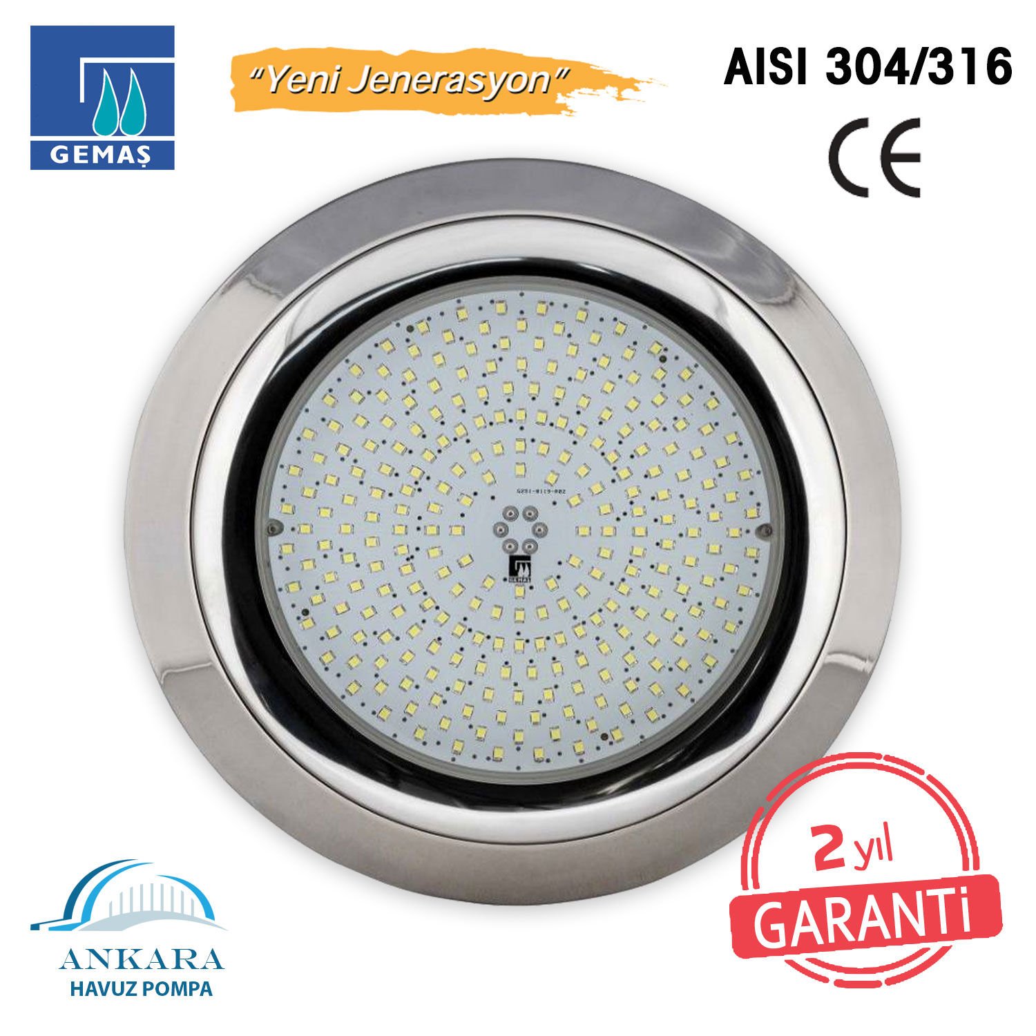 SlimLED-INOXCLICK Havuz Sualtı Lambası, Kovansız, Reçine Dolgulu, Tek Renkli - 252 LED Beyaz - 50W