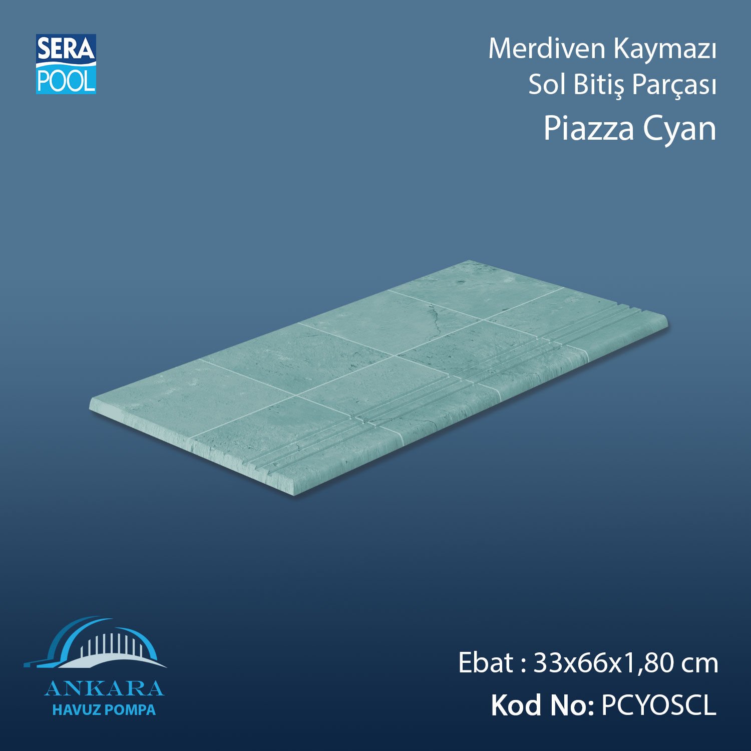 Piazza Cyan 33x66x1,80 cm Merdiven Kaymazı Sol Bitiş