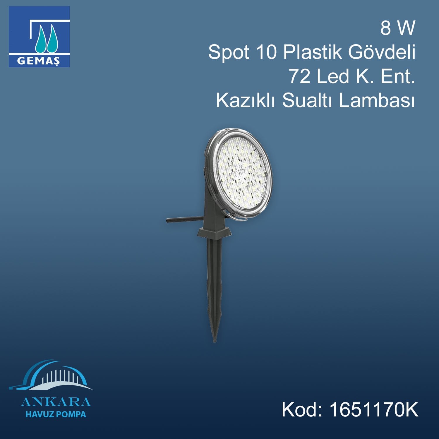8 W Spot 10 Plastik Gövdeli 72 Led K. Ent. Kazaklı Sualtı Lambası