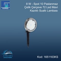 8 W - Spot 10 Paslanmaz Çelik Çerçeve 72 Led Mavi Kazıklı Sualtı Lambası
