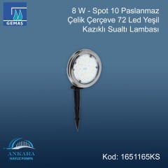 8 W - Spot 10 Paslanmaz Çelik Çerçeve 72 Led Yeşil Kazıklı Sualtı Lambası