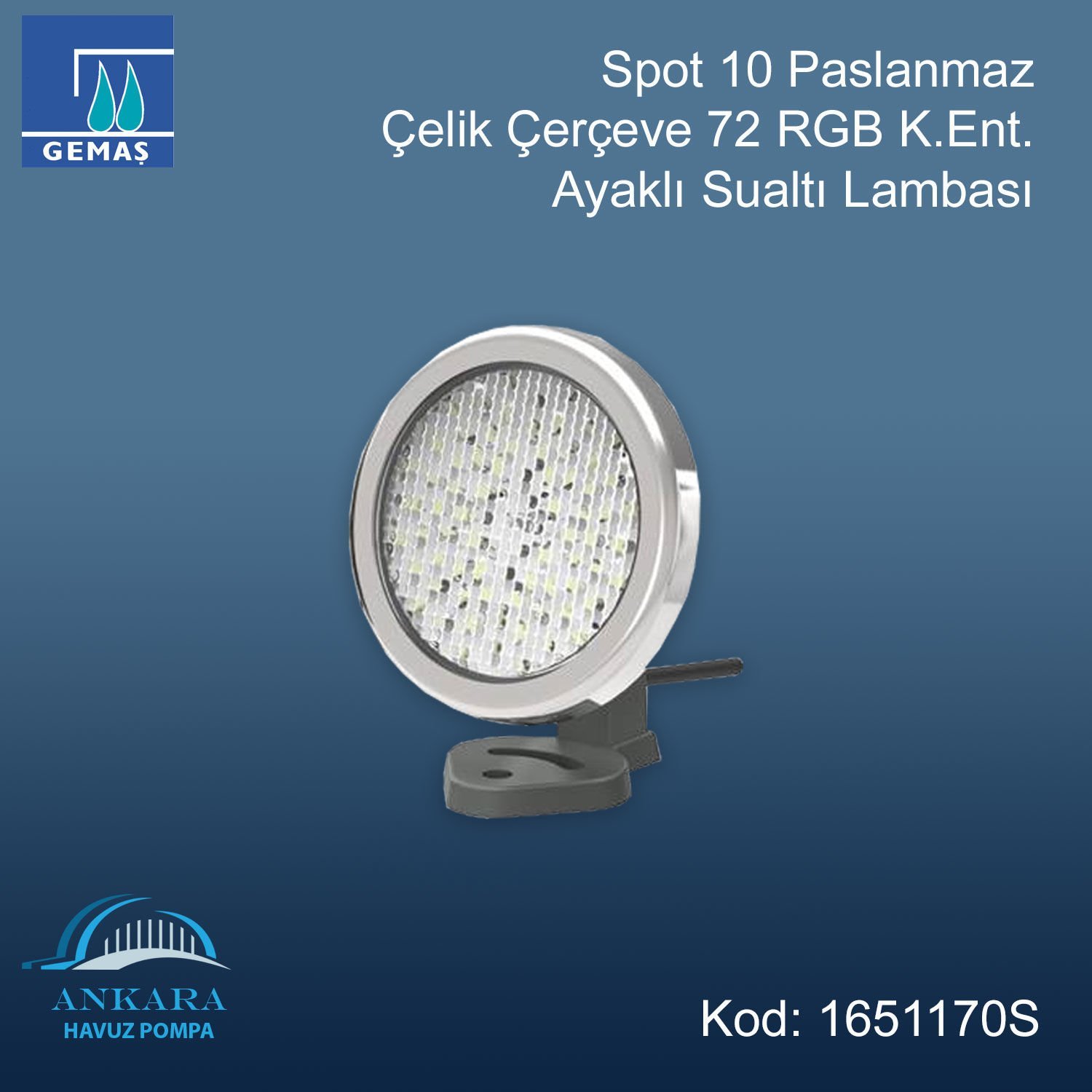 Spot 10 Paslanmaz Çelik Çerçeve 72 RGB K.Ent Ayaklı Sualtı Lambası