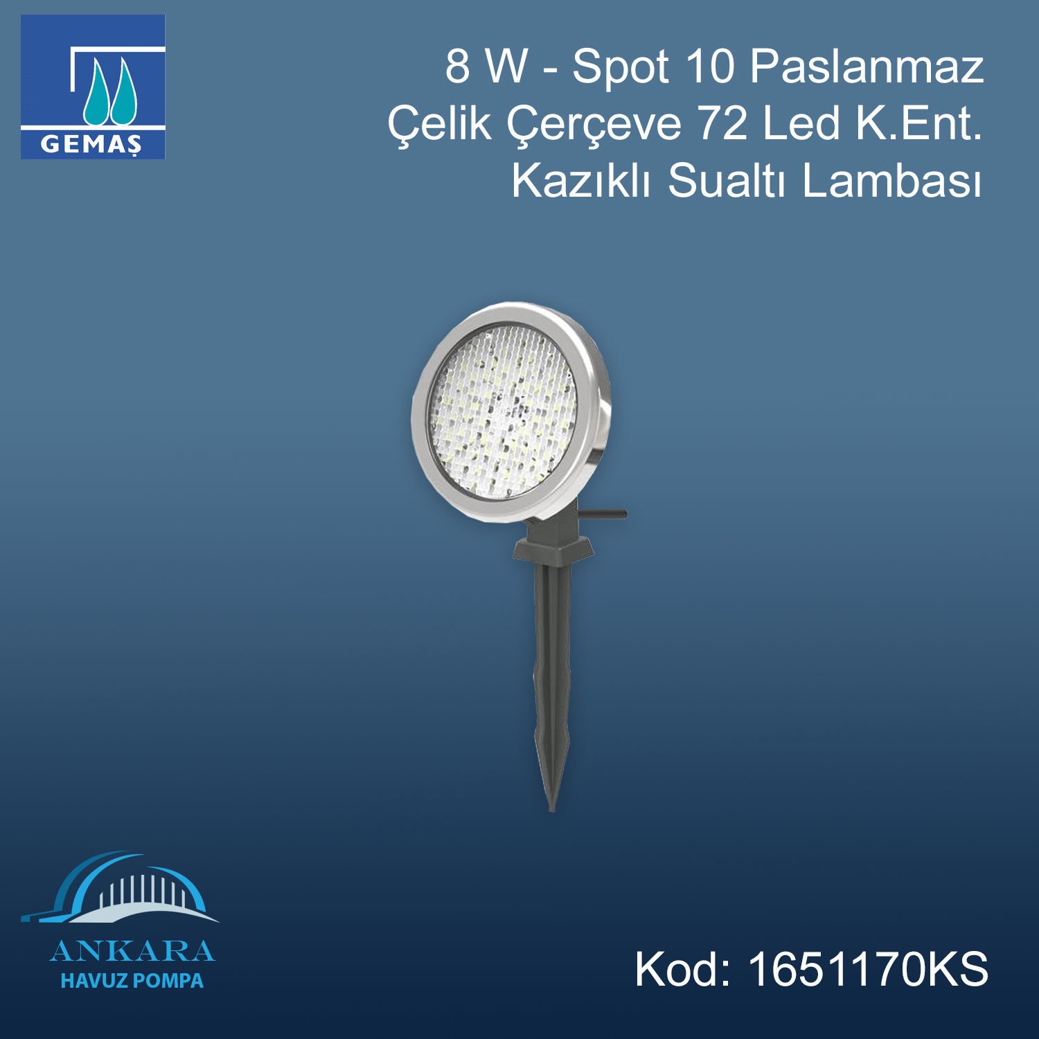 8 W - Spot 10 Paslanmaz Çelik Çerçeve 72 Led K.Ent Kazıklı Sualtı Lambası