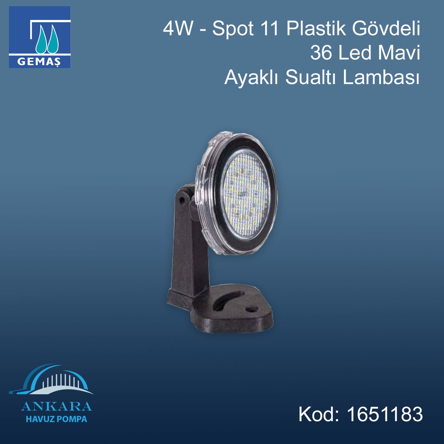 4W - Spot 11 Plastik Gövdeli 36 Led Mavi Ayaklı Sualtı Lambası