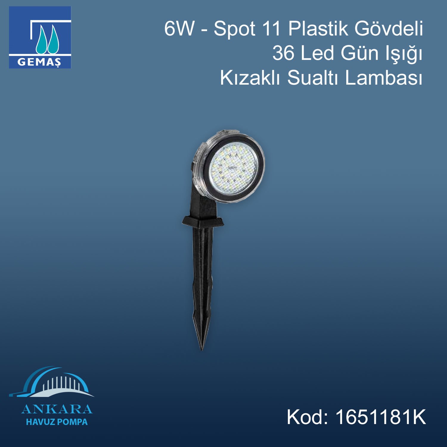 6W - Spot 11 Plastik Gövdeli 36 Led Beyaz Kızaklı Sualtı Lambası