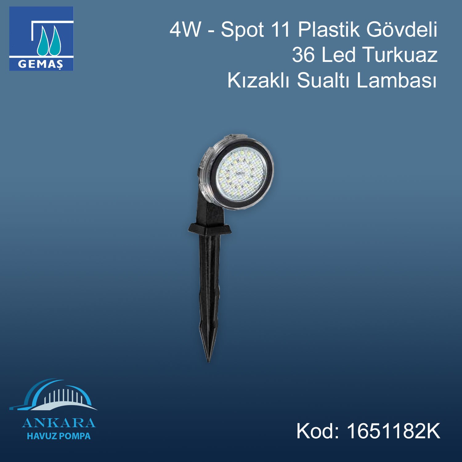 4W - Spot 11 Plastik Gövdeli 36 Led Turkuaz Kızaklı Sualtı Lambası