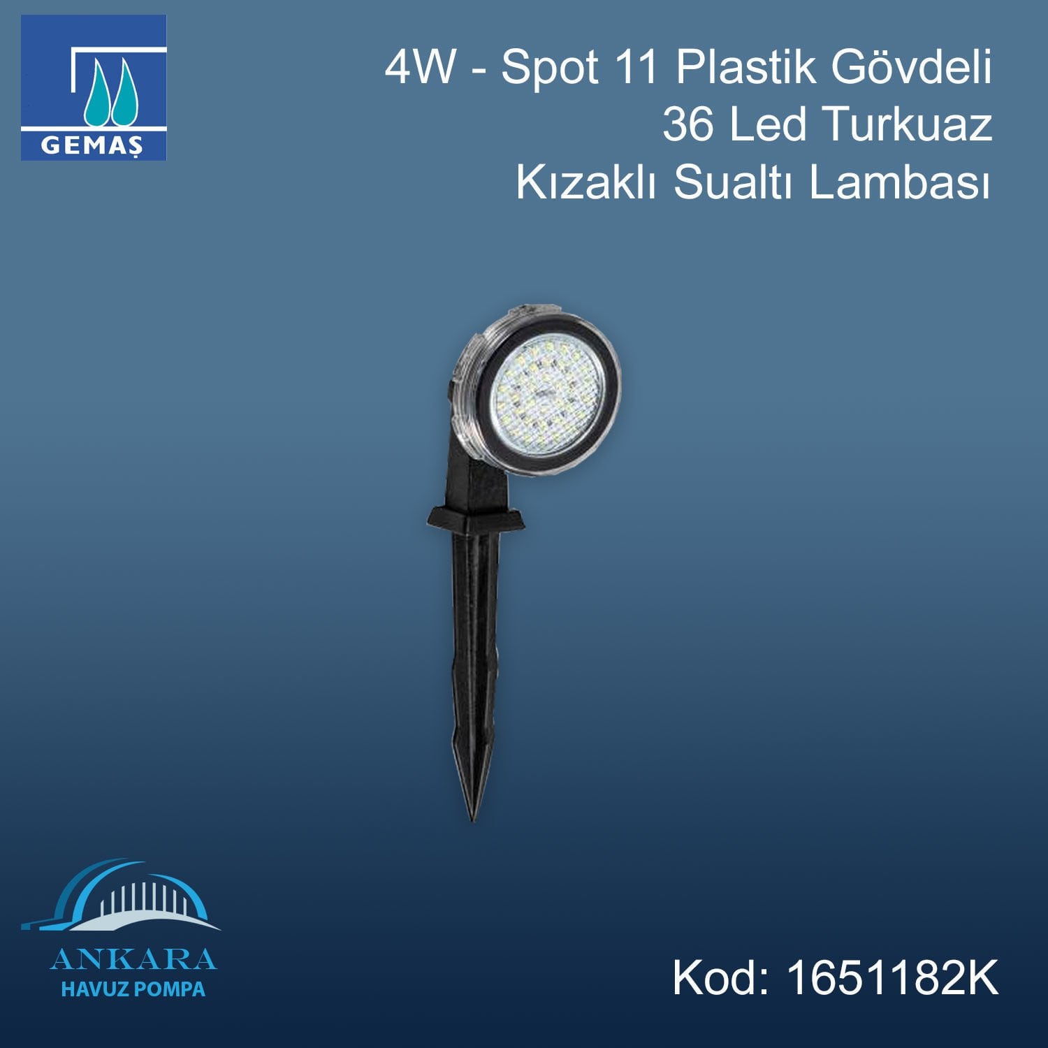 4W - Spot 11 Plastik Gövdeli 36 Led Turkuaz Kızaklı Sualtı Lambası