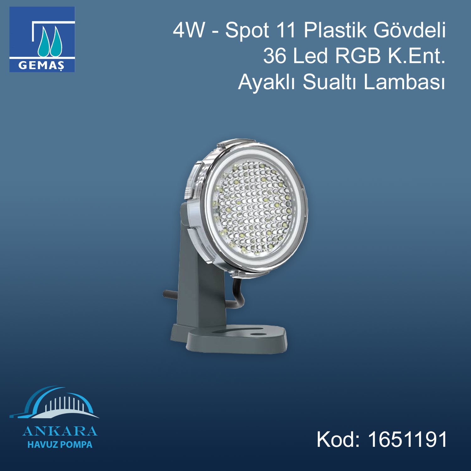4W - Spot 11 Plastik Gövdeli 36 Led RGB M.Ent. Ayaklı Sualtı Lambası