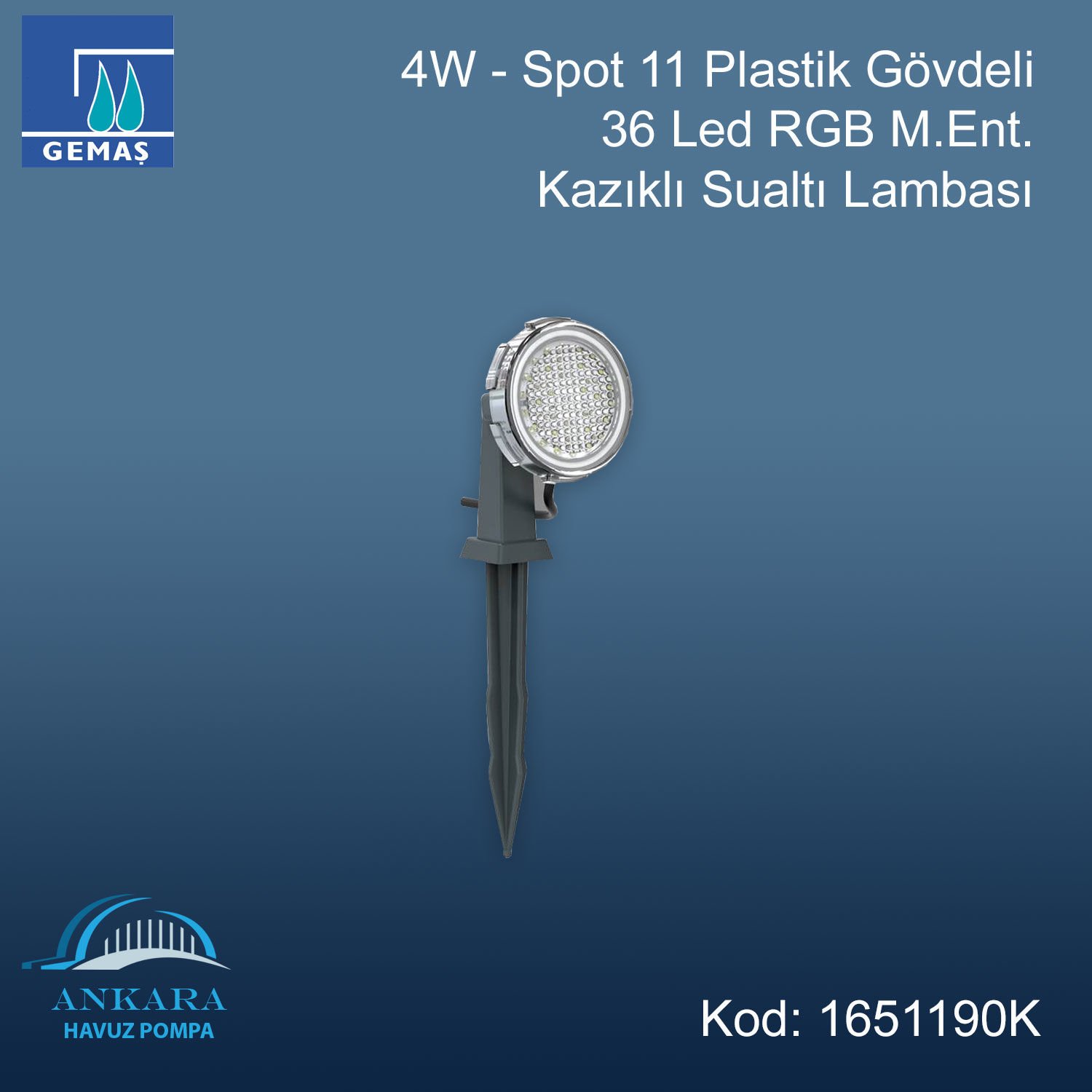 4W - Spot 11 Plastik Gövdeli 36 Led RGB M.Ent. Kazıklı Sualtı Lambası