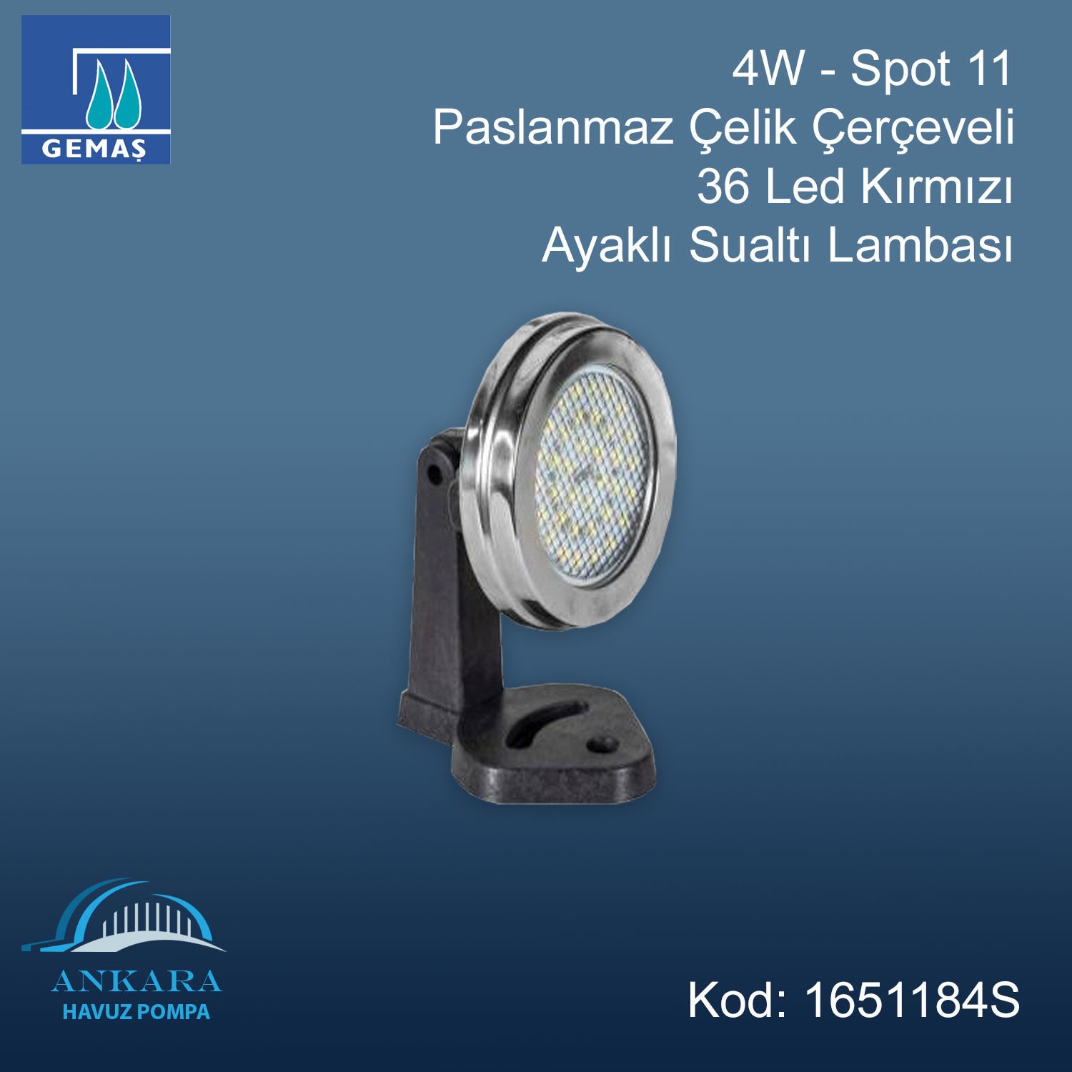 4W - Spot 11 Paslanmaz Çelik Çerçeveli 36 Led Kırmızı Ayaklı Sualtı Lambası