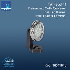 4W - Spot 11 Paslanmaz Çelik Çerçeveli 36 Led Kırmızı Ayaklı Sualtı Lambası