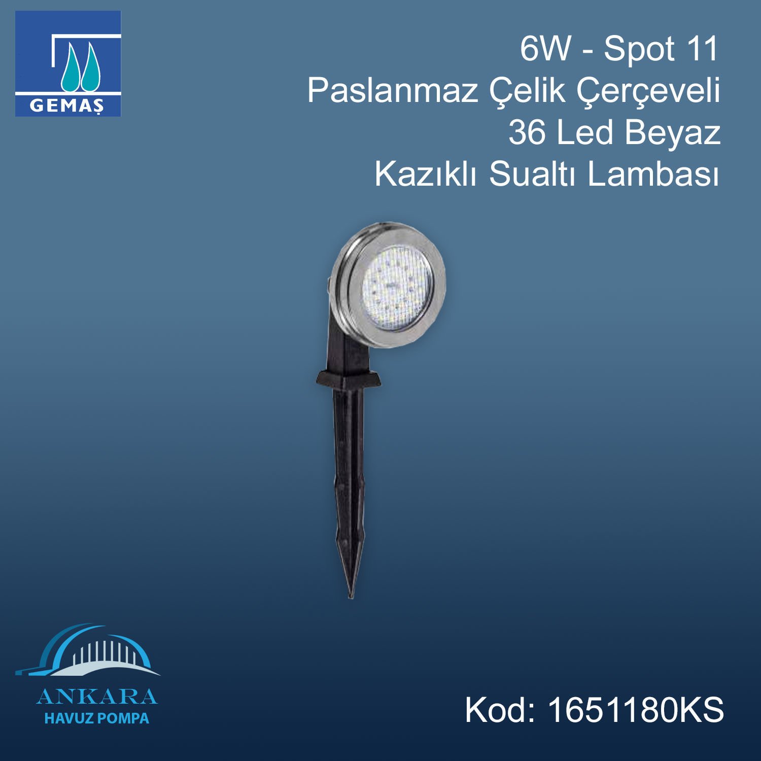 6W - Spot 11 Paslanmaz Çelik Çerçeveli 36 Led Beyaz Kazıklı Sualtı Lambası