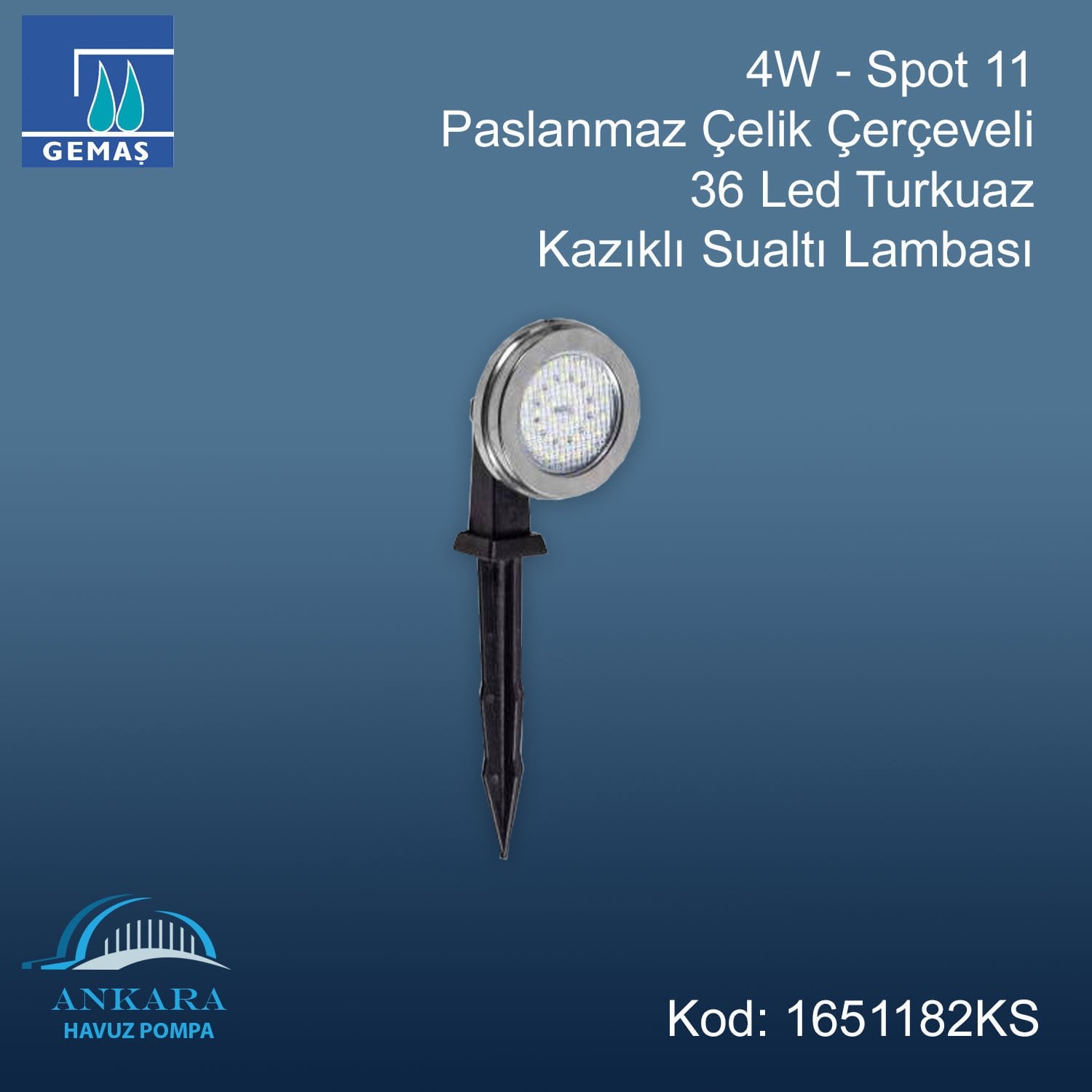 6W - Spot 11 Paslanmaz Çelik Çerçeveli 36 Led Turkuaz Kazıklı Sualtı Lambası