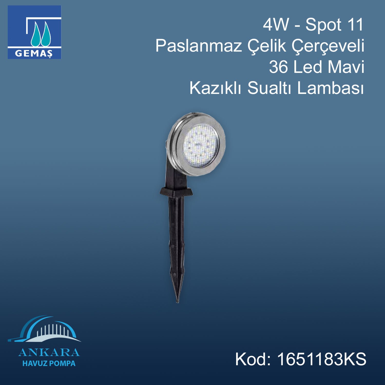6W - Spot 11 Paslanmaz Çelik Çerçeveli 36 Led Mavi Kazıklı Sualtı Lambası