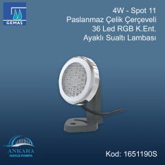 4W - Spot 11 Paslanmaz Çelik Çerçeveli 36 Led RGB K.Ent. Ayaklı Sualtı Lambası