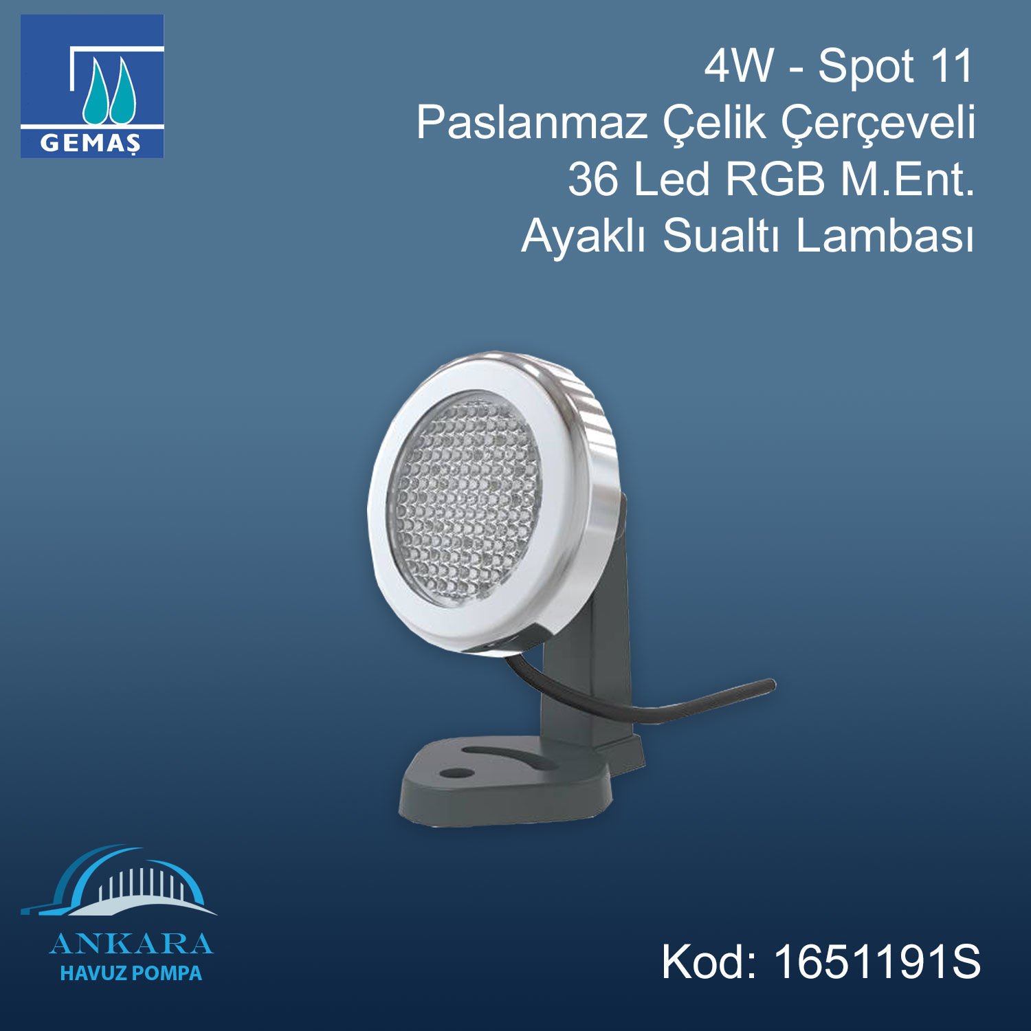 4W - Spot 11 Paslanmaz Çelik Çerçeveli 36 Led RGB M.Ent. Ayaklı Sualtı Lambası